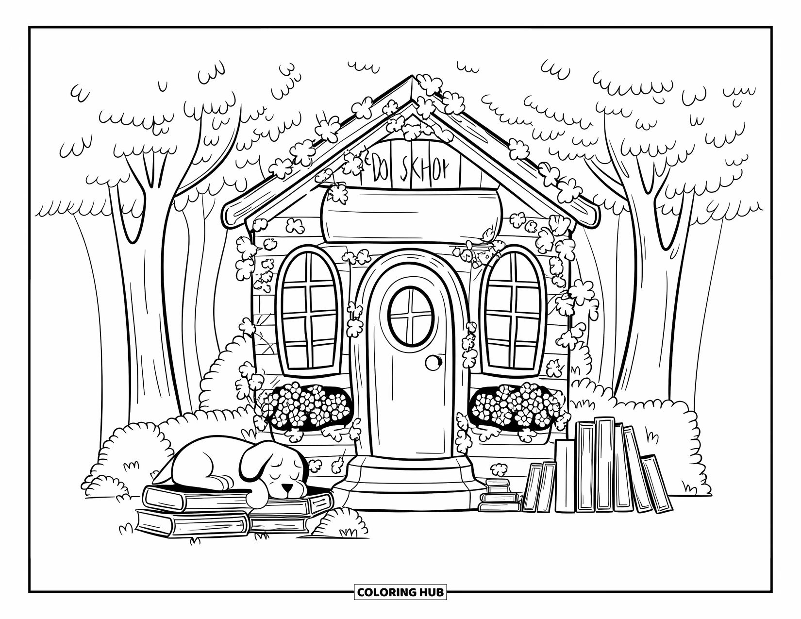 Cottagecore Ausmalbild für Erwachsene: Eine charmante Buchhandlung mit einem Holzschild, das Leser in ihren gemütlichen Raum einlädt