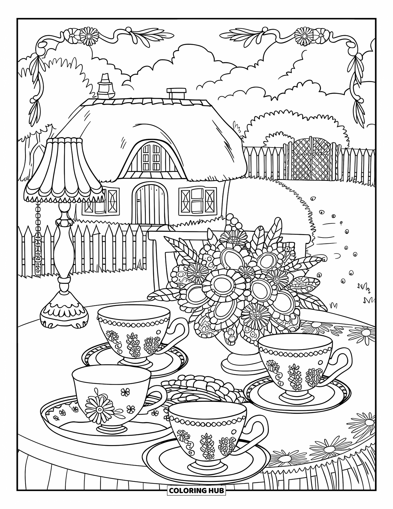 Cottagecore Ausmalbild für Erwachsene: Ein Cottagecore-Teetisch mit Vintage-Tassen, einem Spitzentuch und frischen Blumen