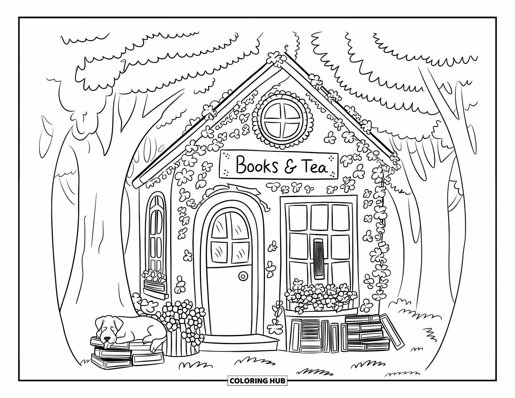 Cottagecore Ausmalbild für Erwachsene: Eine gemütliche Buchhandlung mit einer runden Tür, großen Fenstern und einem Nickerchen machenden Hund draußen
