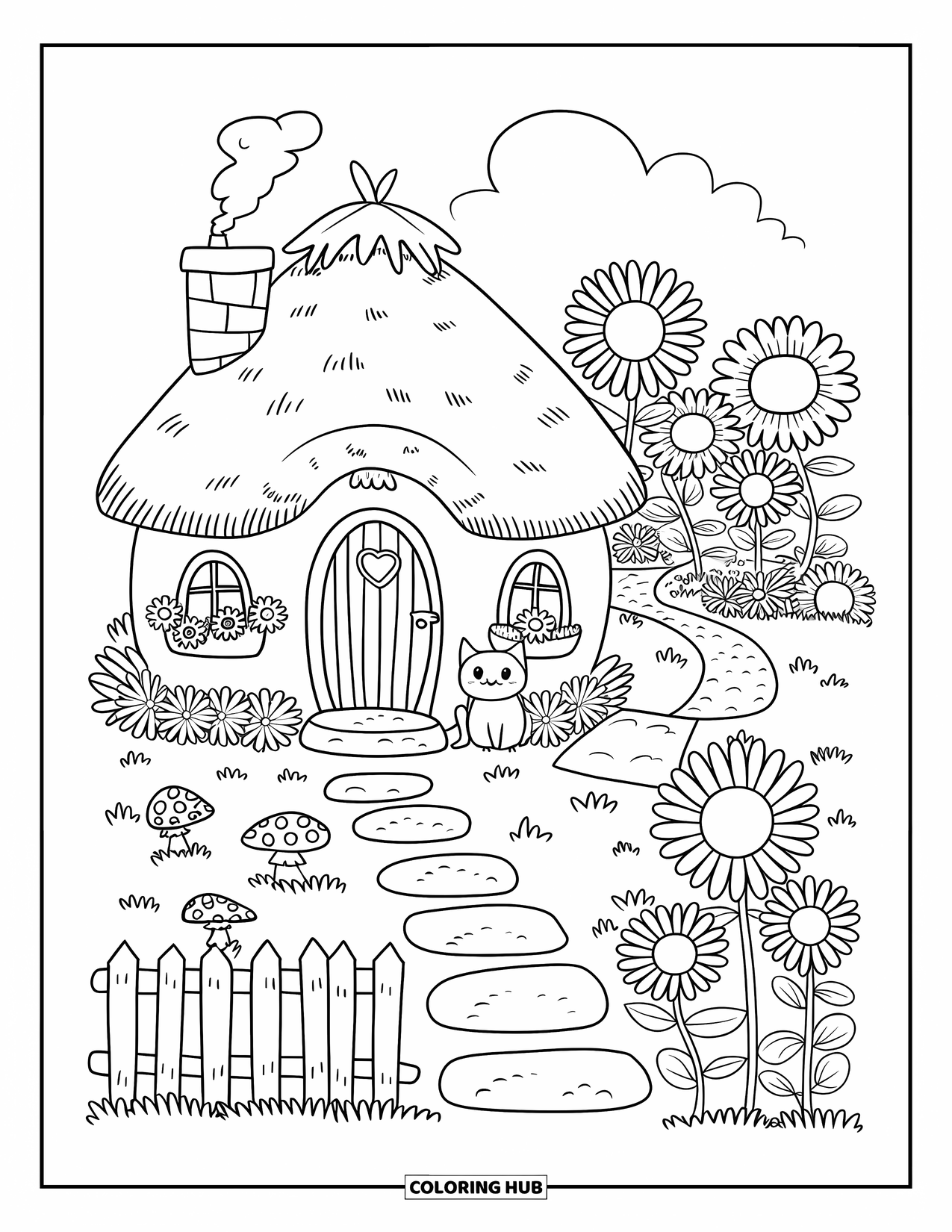 Cottagecore Ausmalbild für Erwachsene: Ein gemütliches rundes Cottage mit einer Holztür, einer Katze auf der Veranda und Sonnenblumen