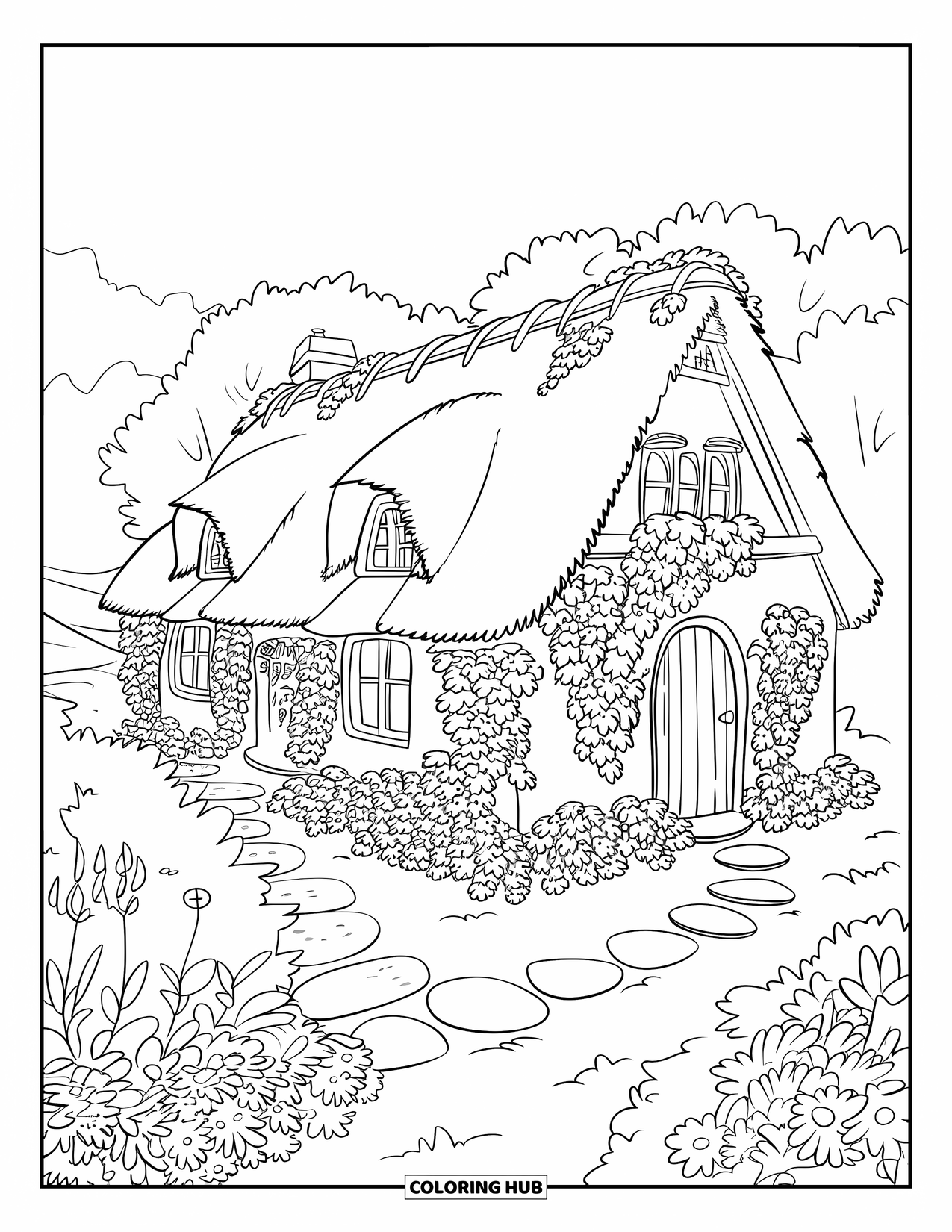 Cottagecore Ausmalbild für Erwachsene: Ein gemütliches, efeubewachsenes Cottage mit einem Garten voller blühender Blumen