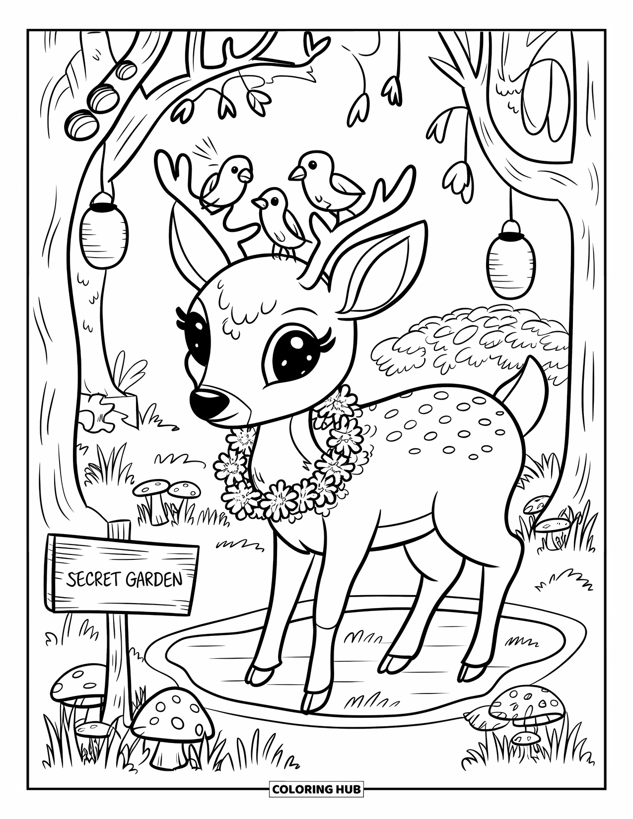 Cottagecore Ausmalbild für Erwachsene: Ein sanftes Reh in der Nähe eines Teichs, umgeben von hängenden Laternen und Pilzen