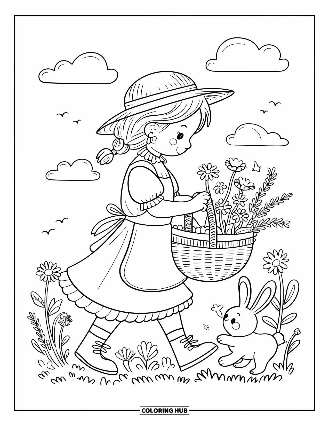 Cottagecore Ausmalbild für Erwachsene: Ein Mädchen mit einem Strohhut, das Blumen pflückt, während ein Kaninchen an einer Blüte schnuppert