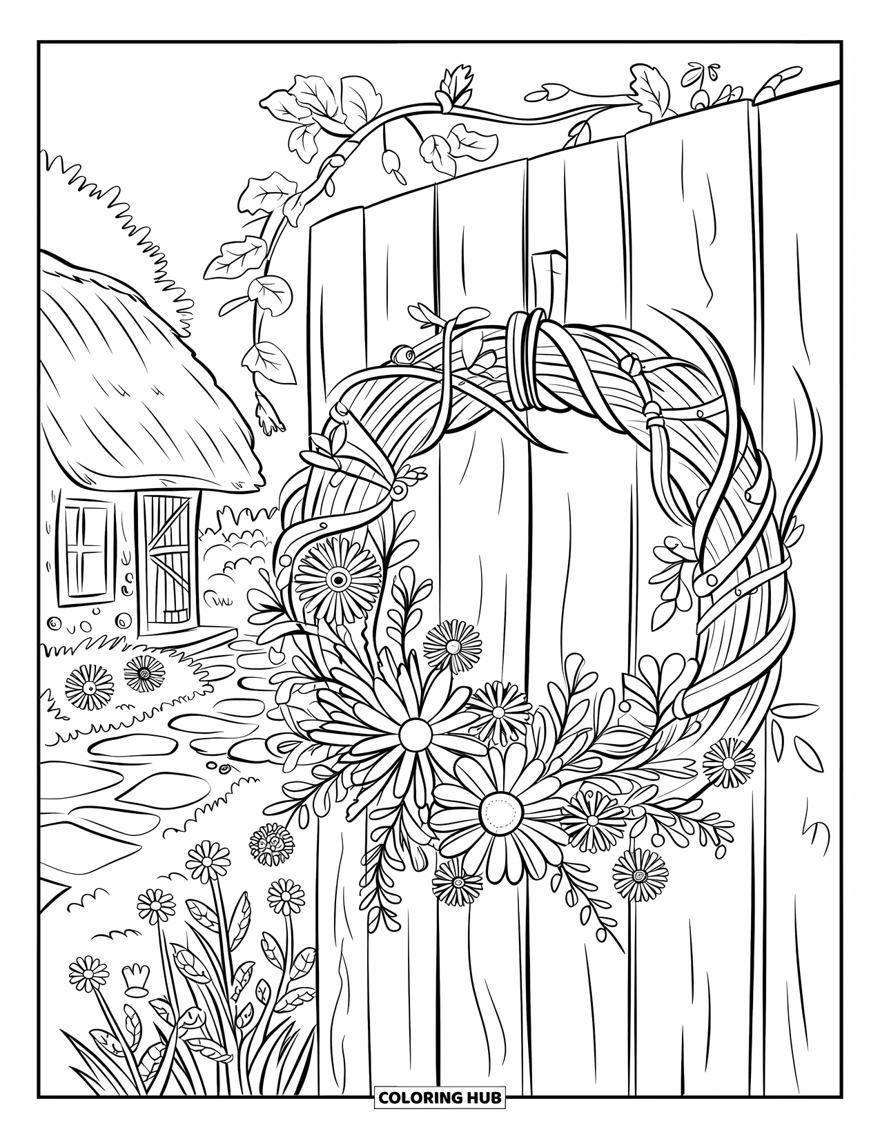Cottagecore Ausmalbild für Erwachsene: Ein handgemachter Kranz aus Wildblumen und Efeu an einer Landhaus-Tür