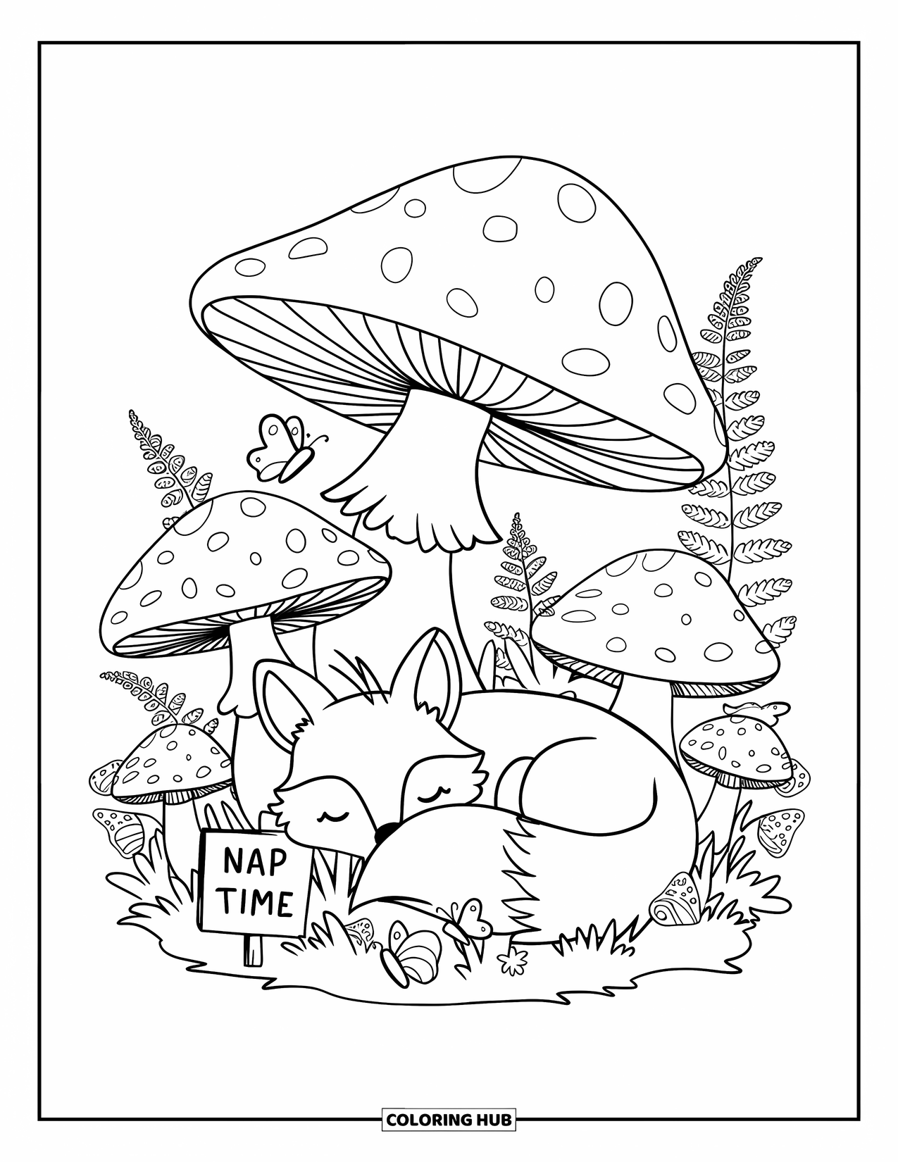 Cottagecore Ausmalbild für Erwachsene: Ein kleiner Fuchs, der sich unter einem großen Pilz zusammenrollt und friedlich ein Nickerchen macht