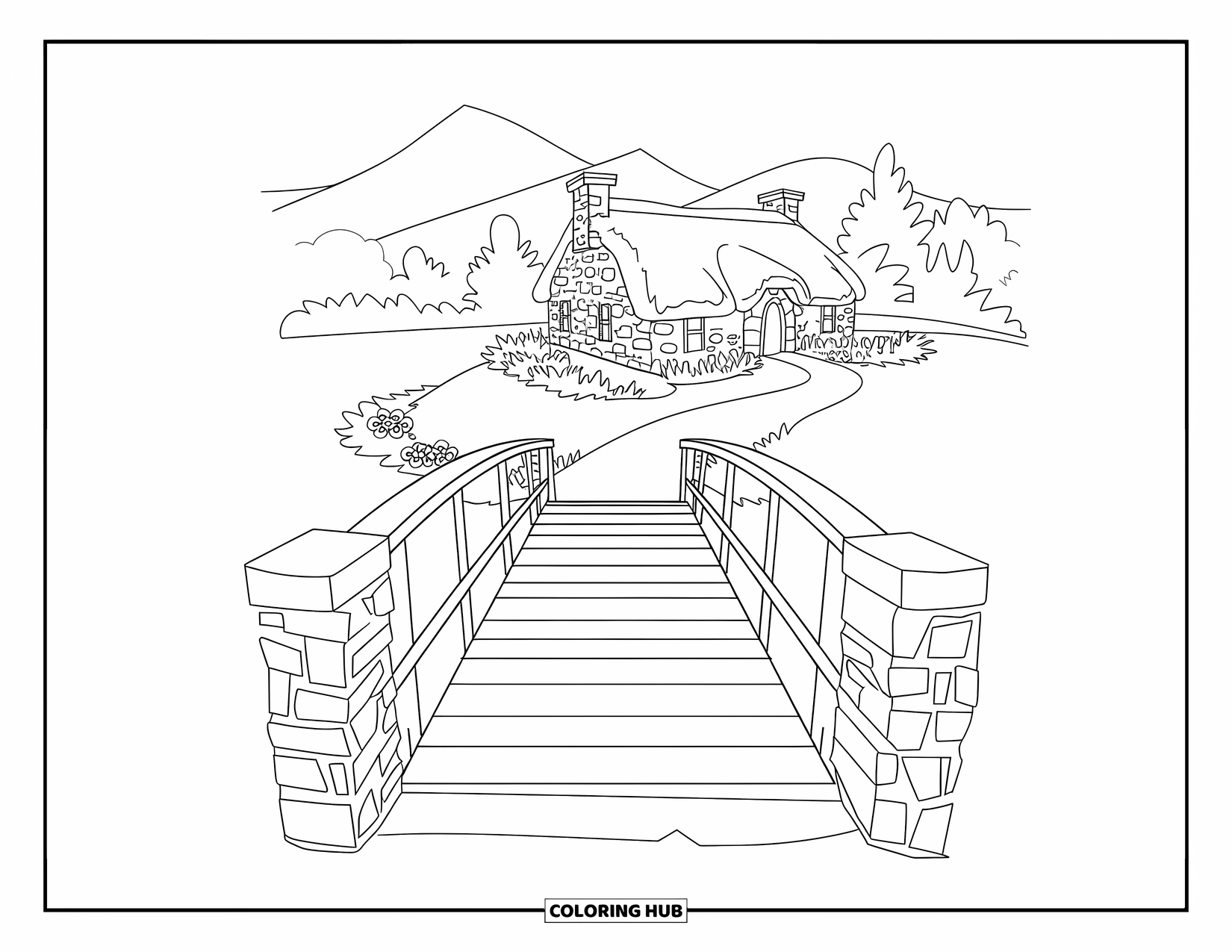 Cottagecore Ausmalbild für Erwachsene: Eine rustikale Brücke, umgeben von Bäumen, die den Weg zu einem versteckten Cottage weist