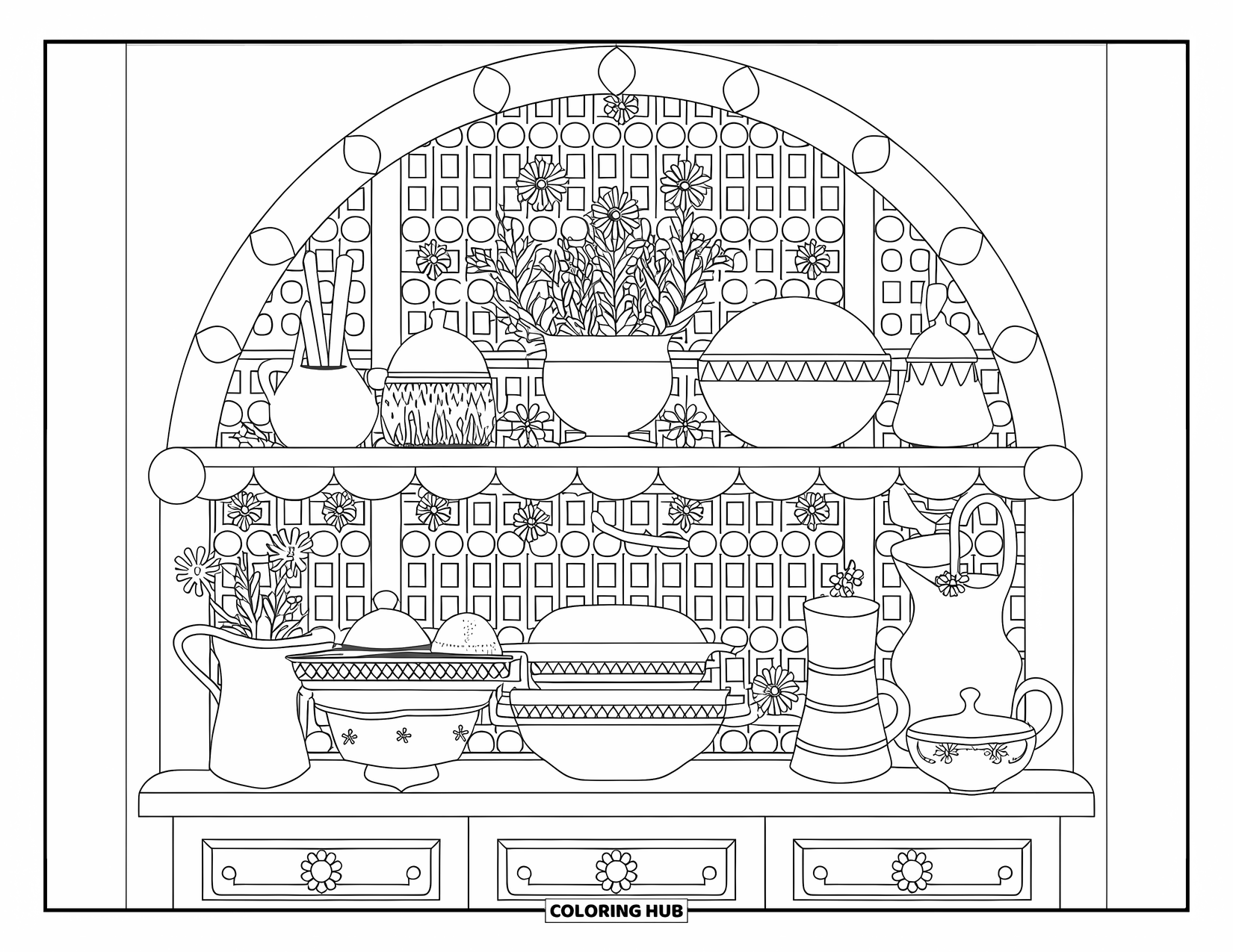 Cottagecore Ausmalbild für Erwachsene: Ein Küchenregal im Vintage-Stil, gefüllt mit Keramikgeschirr, Kräutern und getrockneten Blumen