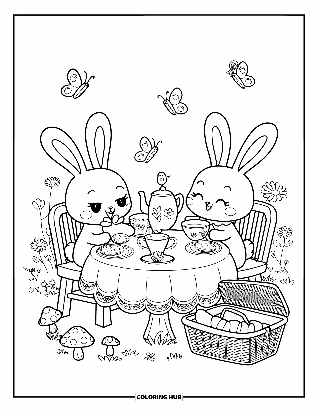 Cottagecore Ausmalbild für Erwachsene: Zwei Kaninchen, die eine Teeparty an einem Holztisch in einer Wildblumenwiese veranstalten