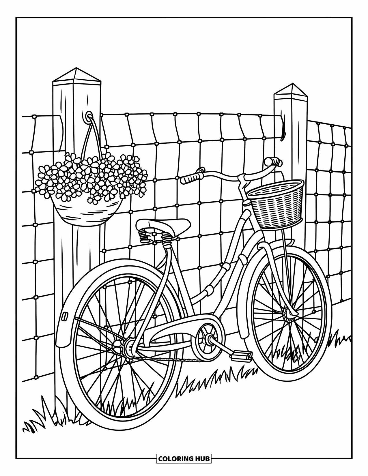 Cottagecore Ausmalbild für Kinder: Ein Fahrrad mit filigranen Details und einem Blumenkorb in der Nähe eines Holzzauns