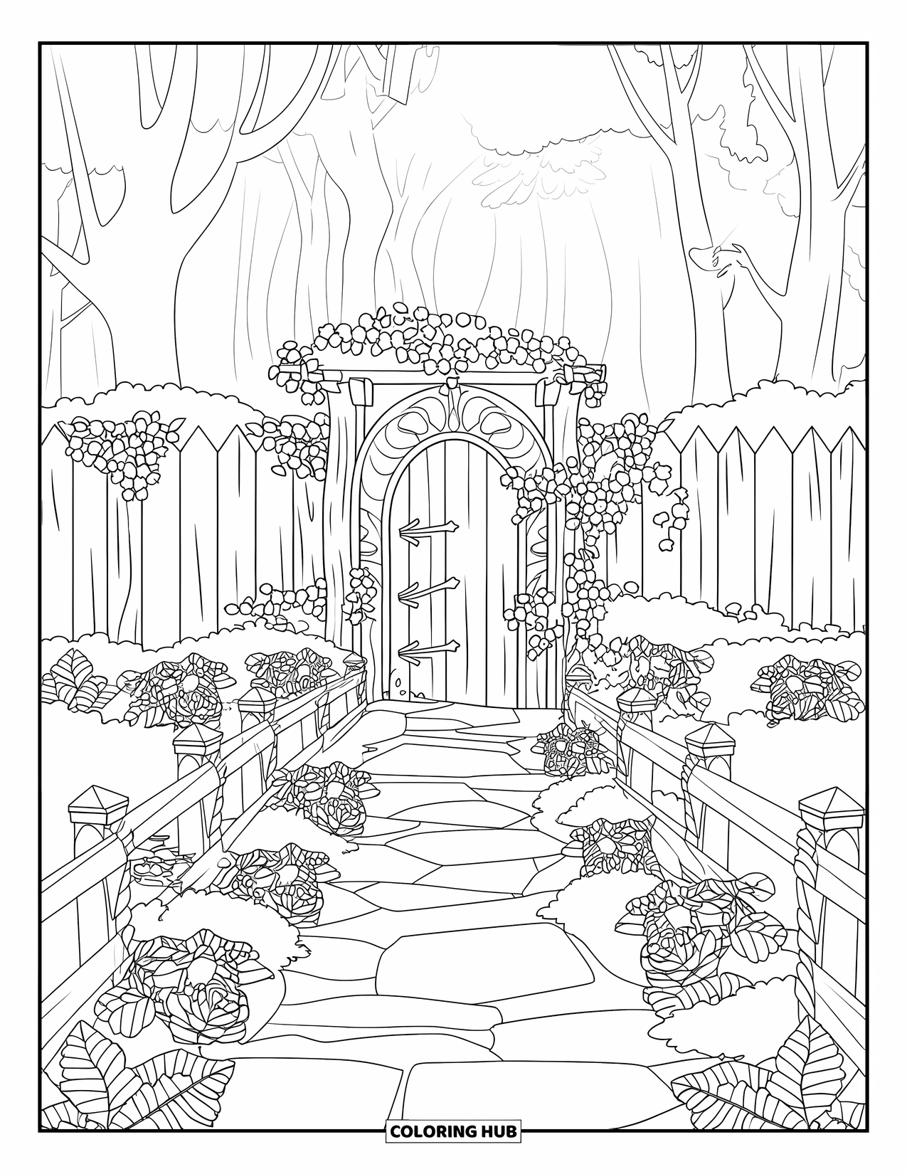 Cottagecore Ausmalbild für Kinder: Ein Blumenpfad, der zu einer geschnitzten Holztür führt, umgeben von Efeu und Rosen