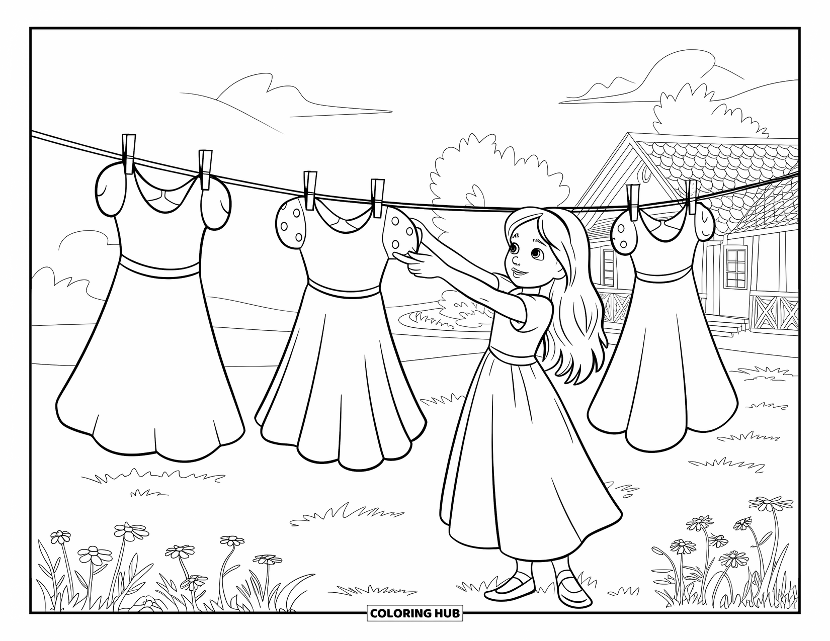 Cottagecore Ausmalbild für Kinder: Ein Mädchen in einem gepunkteten Kleid, das Kleider in einem Wildblumenfeld aufhängt