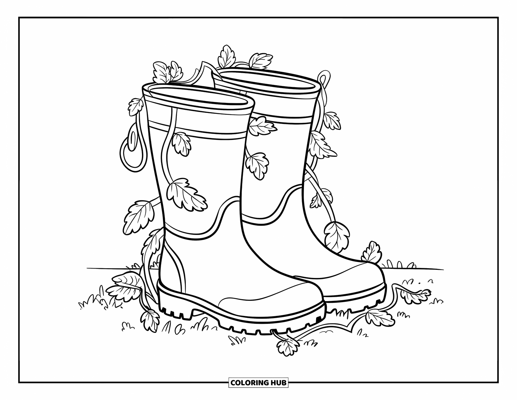 Cottagecore Ausmalbild für Kinder: Ein Paar Gummistiefel, um die Ranken wachsen