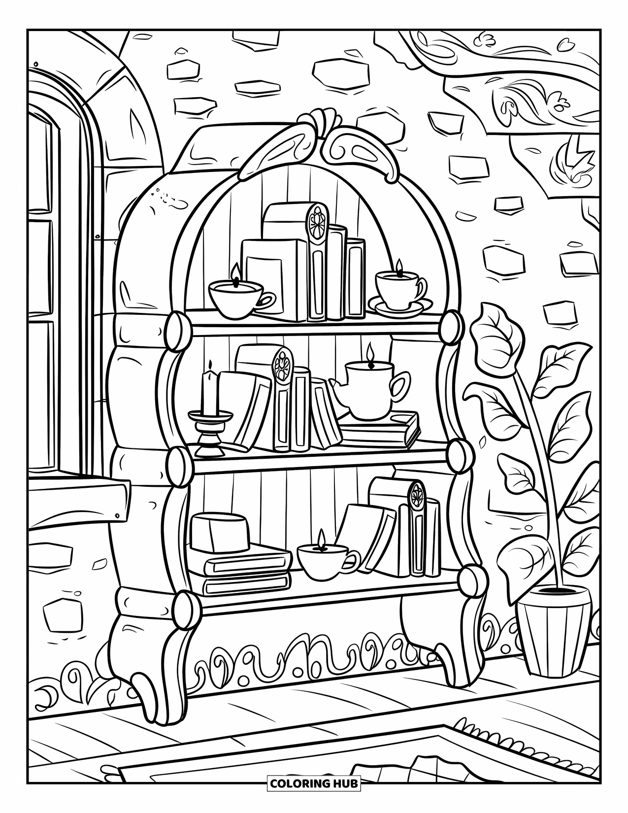 Cottagecore Ausmalbild für Kinder: Ein rustikales Regal mit Büchern, einer Teetasse und einer Topfpflanze in der Nähe eines Fensters