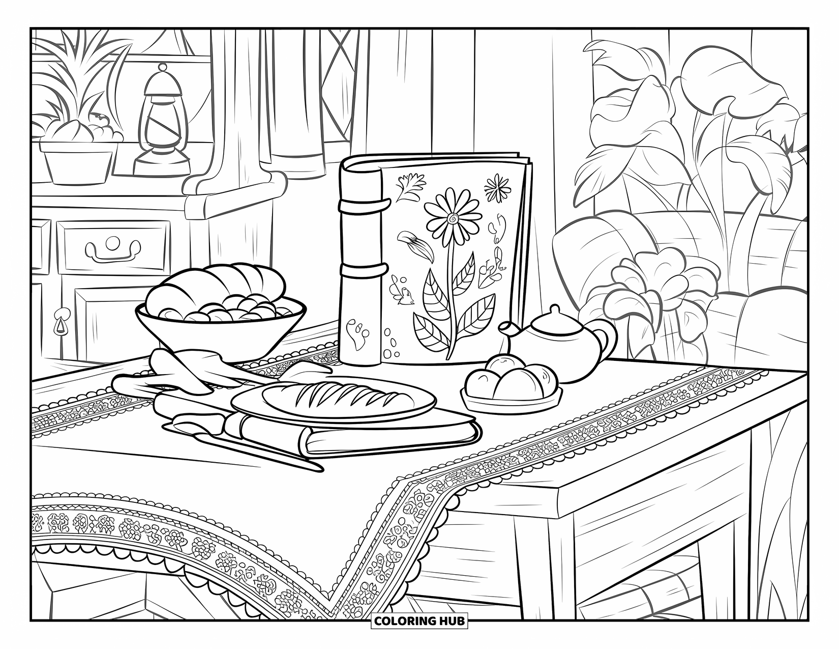 Cottagecore Ausmalbild für Kinder: Ein rustikaler Tisch mit einem Spitzentuch, Brot, Obst und einem Cottagecore-Journal