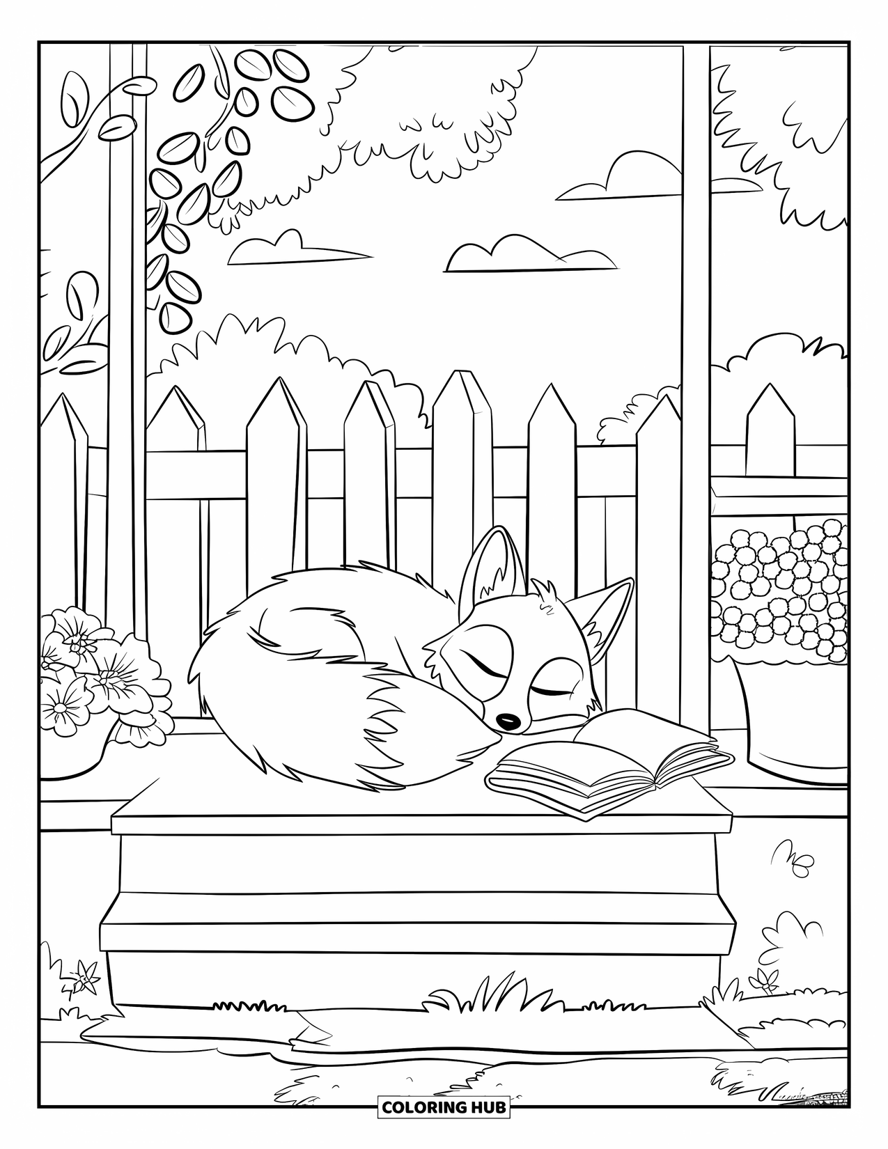 Cottagecore Ausmalbild für Kinder: Ein schlafender Fuchs, der sich auf einer Veranda ausruht, neben einem Buch und Topfblumen