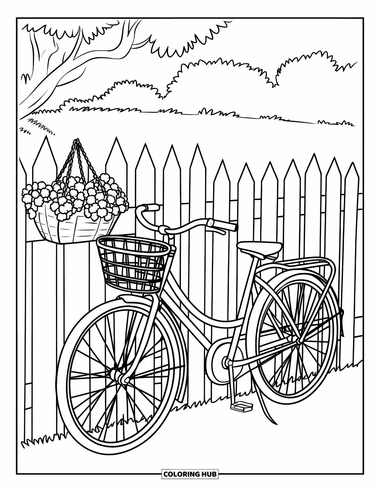 Cottagecore Ausmalbild für Kinder: Ein Fahrrad im Vintage-Stil neben einem Holzzaun, umgeben von Blumen