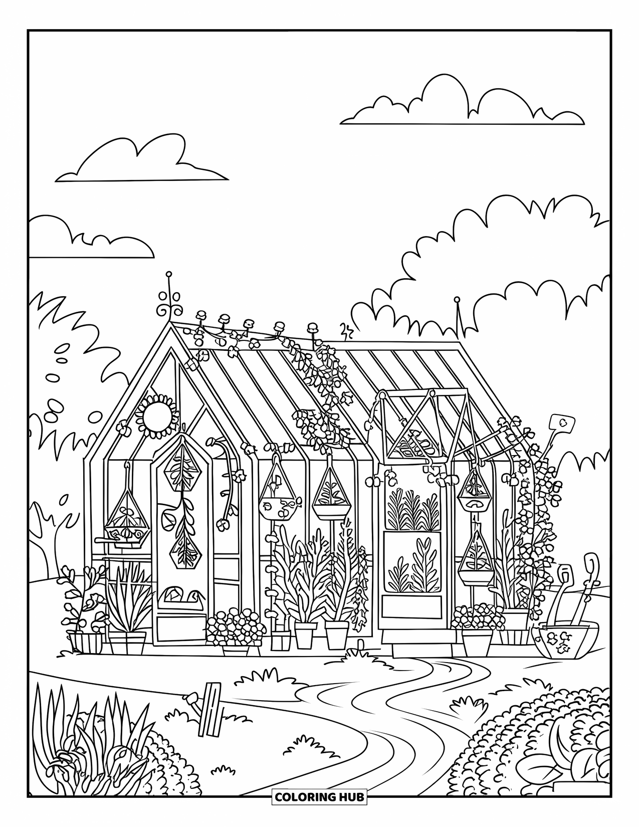 Cottagecore Ausmalbild für Kinder: Ein skurriles Gewächshaus mit Holzregalen, Ranken und Topfpflanzen