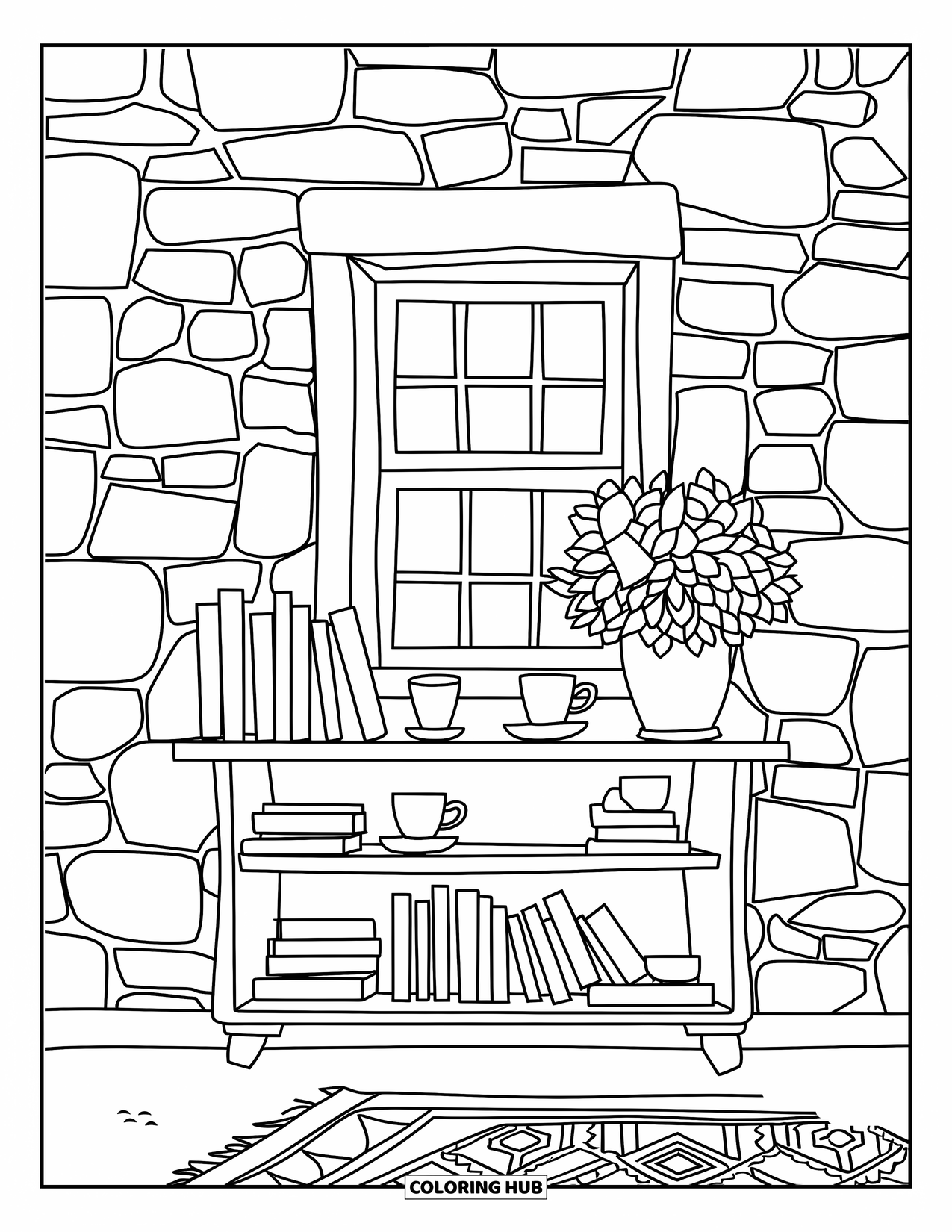 Cottagecore Ausmalbild für Kinder: Ein Holzregal mit Büchern und Teetassen, das an einer Steinmauer befestigt ist