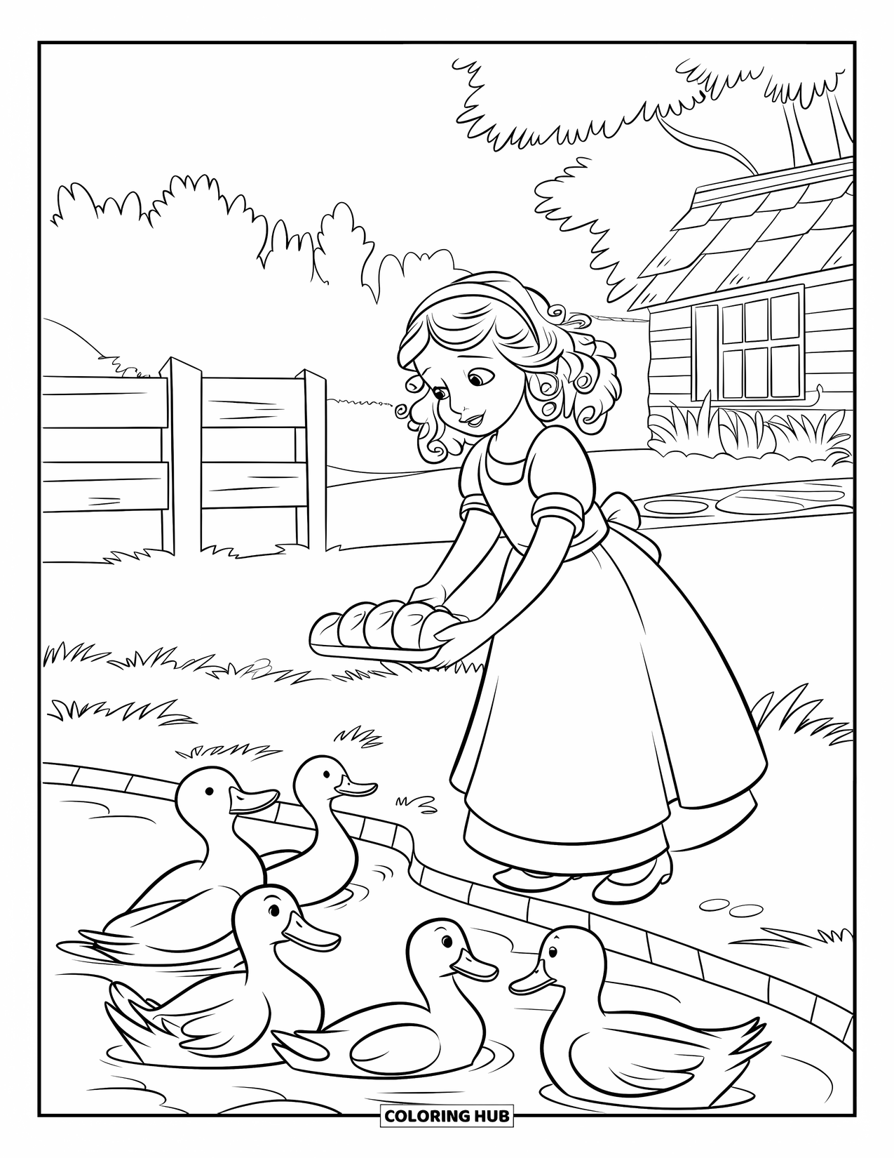 Cottagecore Ausmalbild für Kinder: Ein junges Mädchen, das Enten in der Nähe eines Teichs füttert, mit einem Cottage im Hintergrund