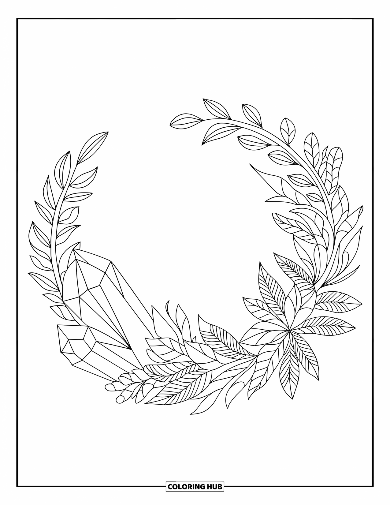 Desenho de cristal para colorir para adultos: Uma guirlanda botânica entrelaçada com cristais, misturando natureza e formas geométricas