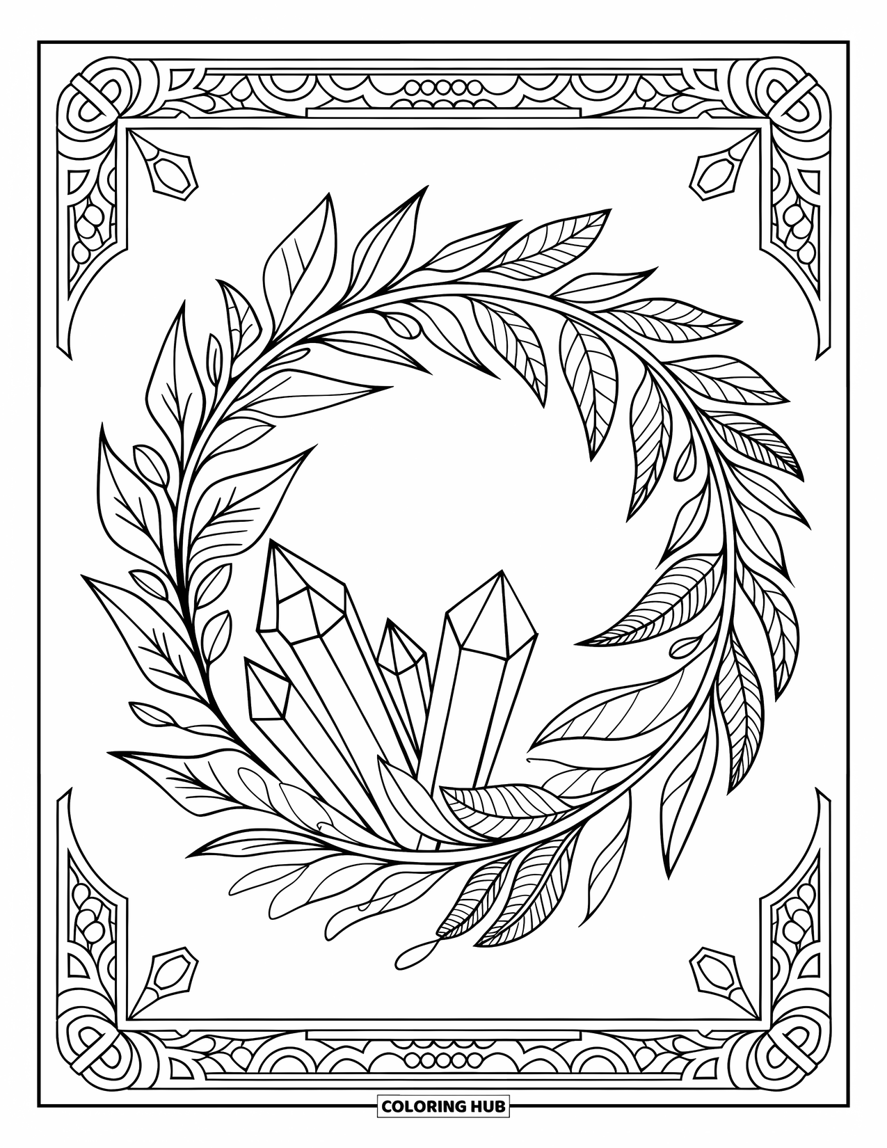 Desenho de Cristal para Colorir para Adultos: Uma coroa botânica entrelaçada com cristais, misturando natureza e geometria