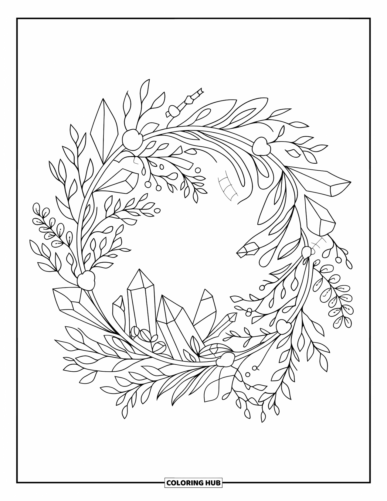 Desenho de cristal para colorir para adultos: Uma guirlanda botânica com folhas, flores e cristais, com contornos limpos e ousados