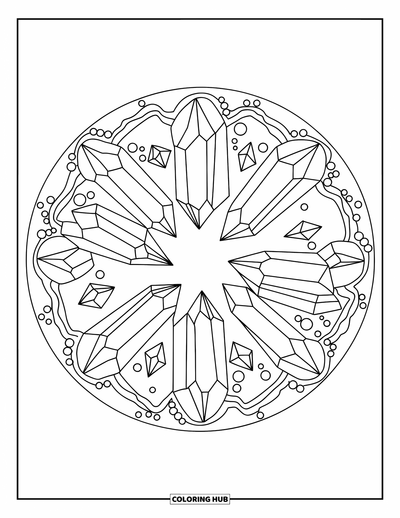 Desenho de Cristal para Colorir para Adultos: Uma disposição circular de cristais com pontos decorativos e linhas preenchendo as lacunas