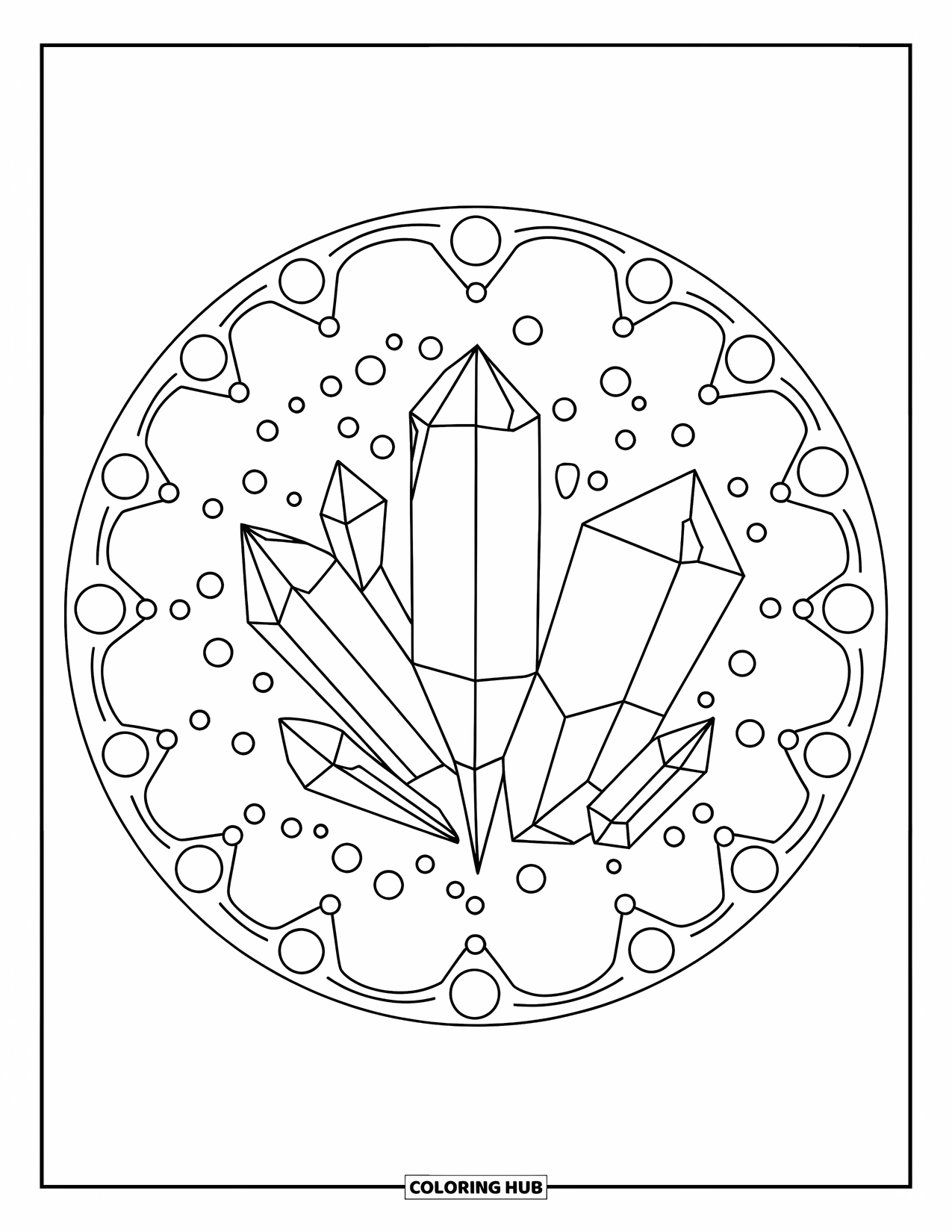 Desenho de Cristal para Colorir para Adultos: Uma disposição circular de cristais com pontos decorativos e linhas preenchendo as lacunas