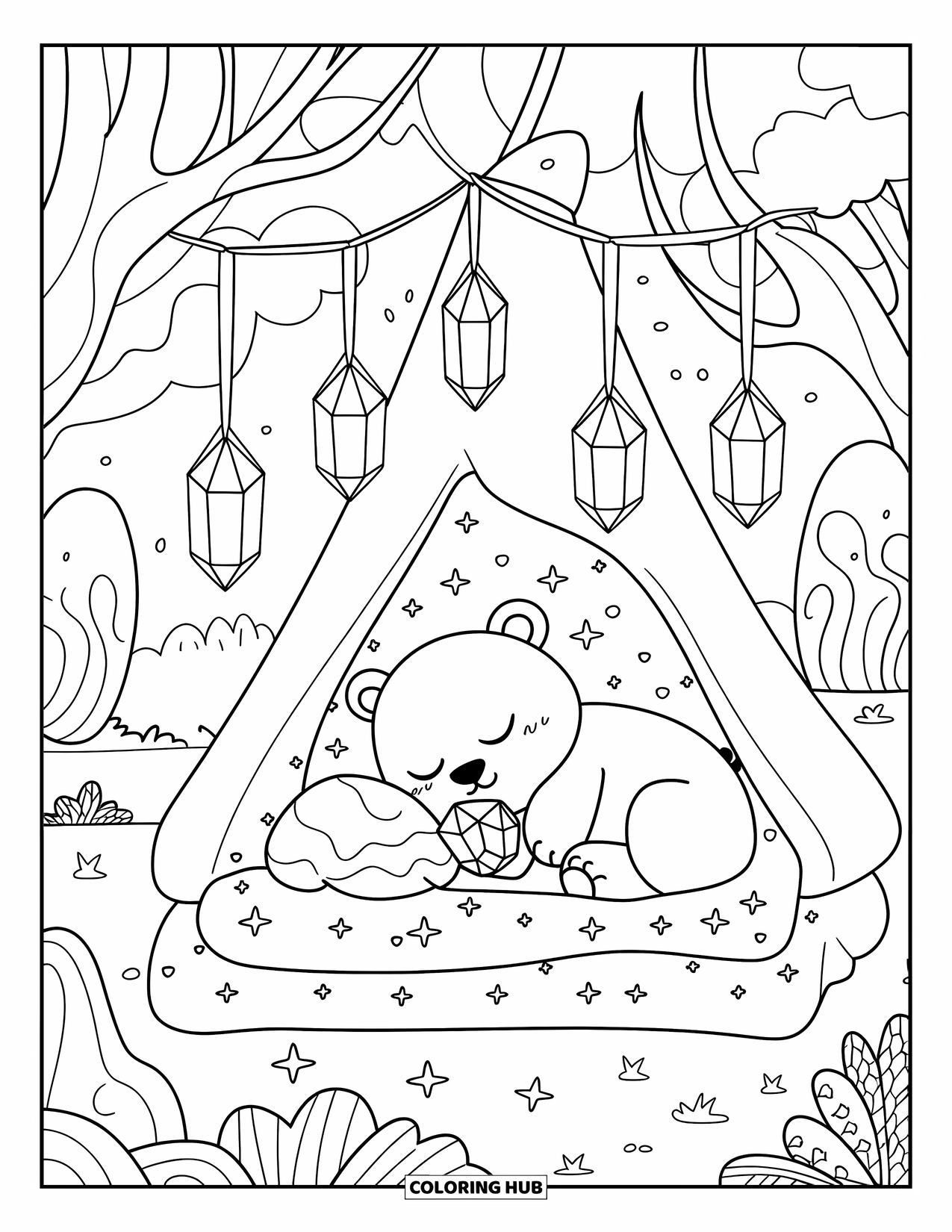 Desenho de Cristal para Colorir para Adultos: Um forte de travesseiros aconchegante com lanternas de cristal, um urso sonolento com um cristal, cercado por brilhos