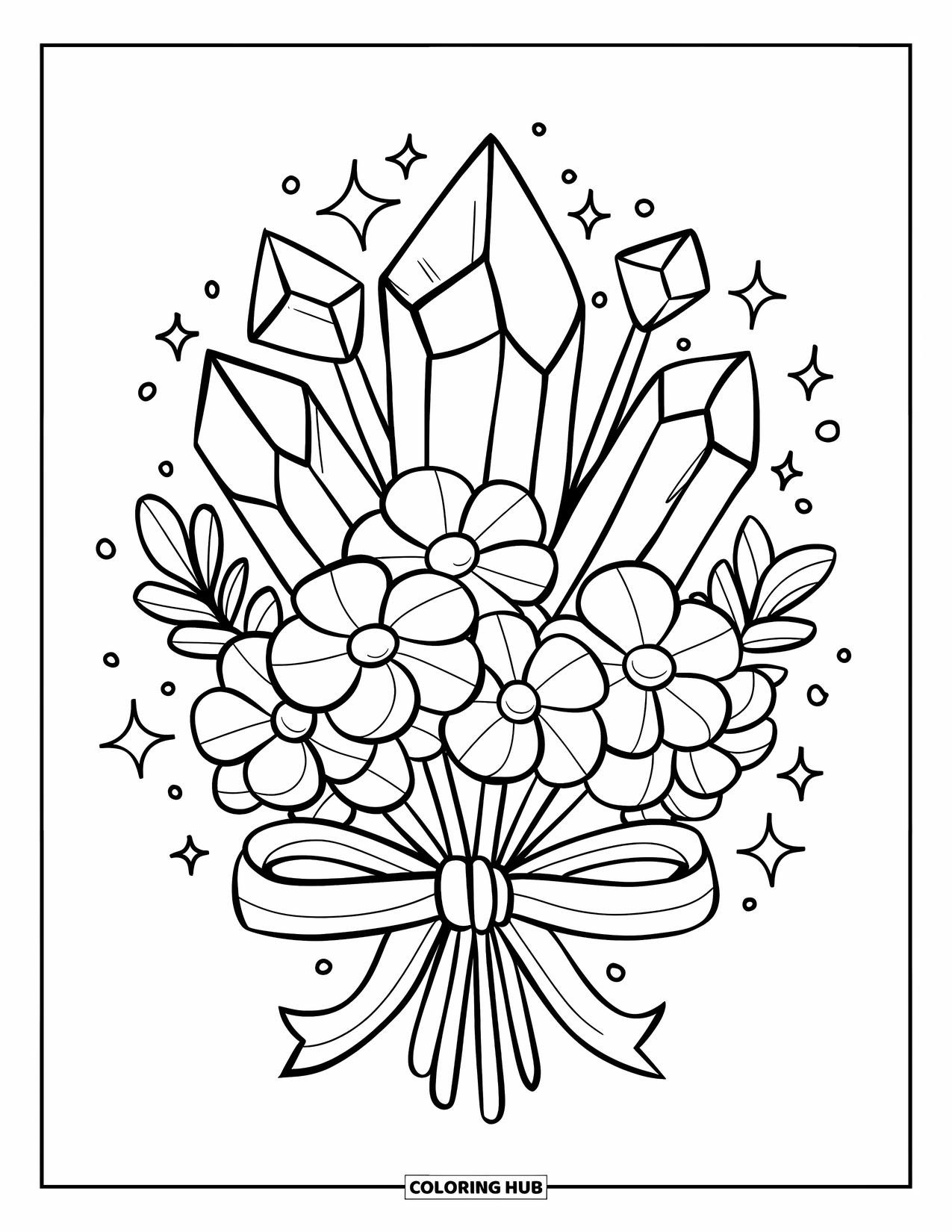 Desenho de Cristal para Colorir para Adultos: Um buquê de flores de cristal com pétalas arredondadas, envolto em uma fita com brilhos