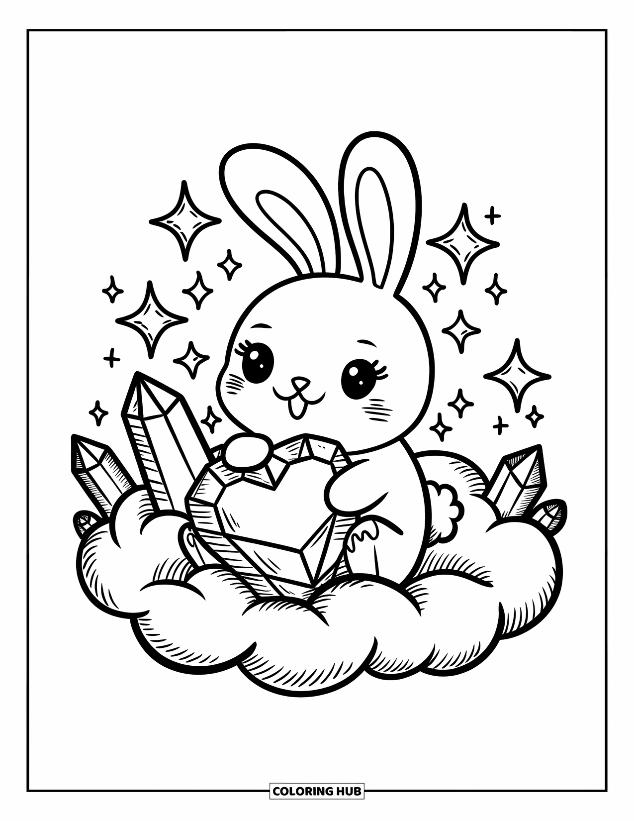 Desenho de Cristal para Colorir para Adultos: Um coelhinho kawaii abraçando um cristal em forma de coração em uma nuvem, com estrelas brilhantes e cristais crescendo