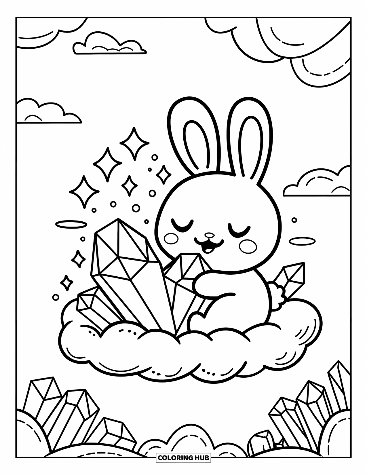 Desenho de Cristal para Colorir para Adultos: Um coelhinho kawaii em uma nuvem, abraçando um cristal cercado por estrelas e cristais menores crescendo