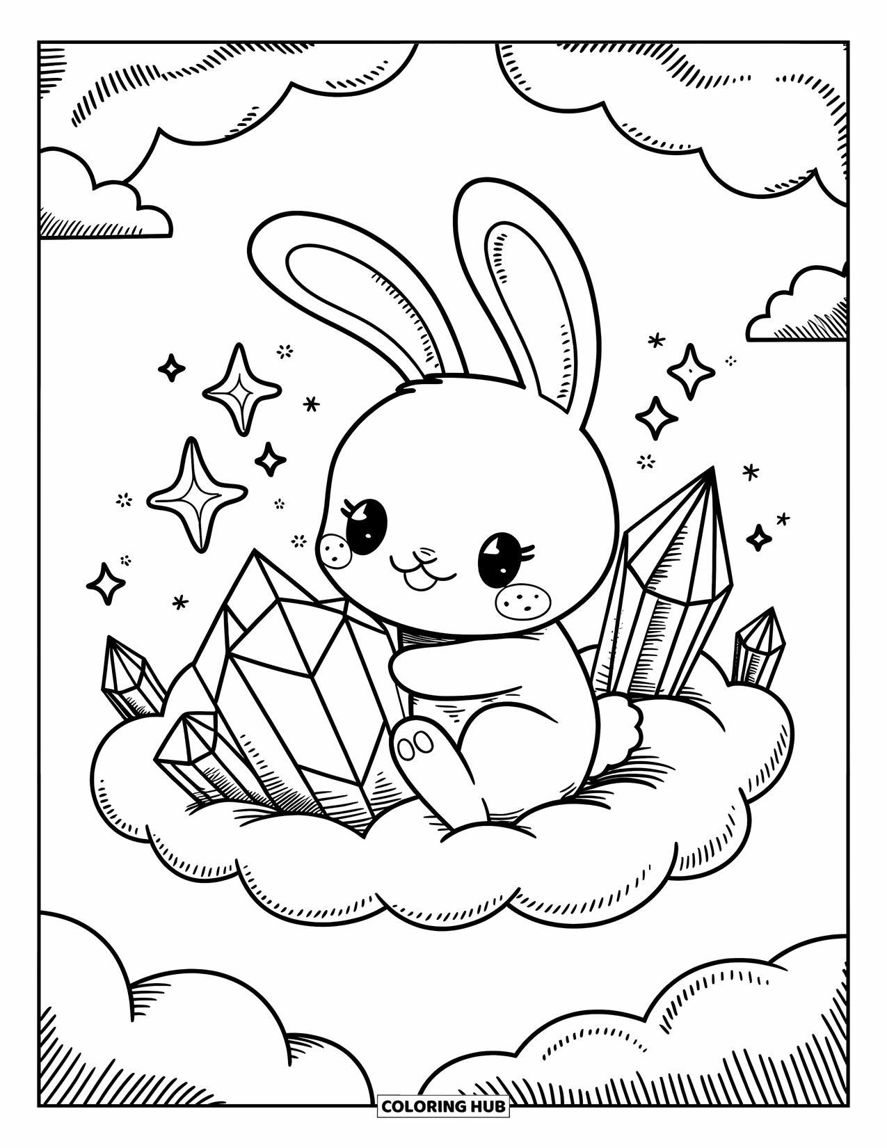 Desenho de Cristal para Colorir para Adultos: Um coelhinho kawaii sentado em uma nuvem macia, abraçando um cristal em forma de coração com estrelas flutuantes