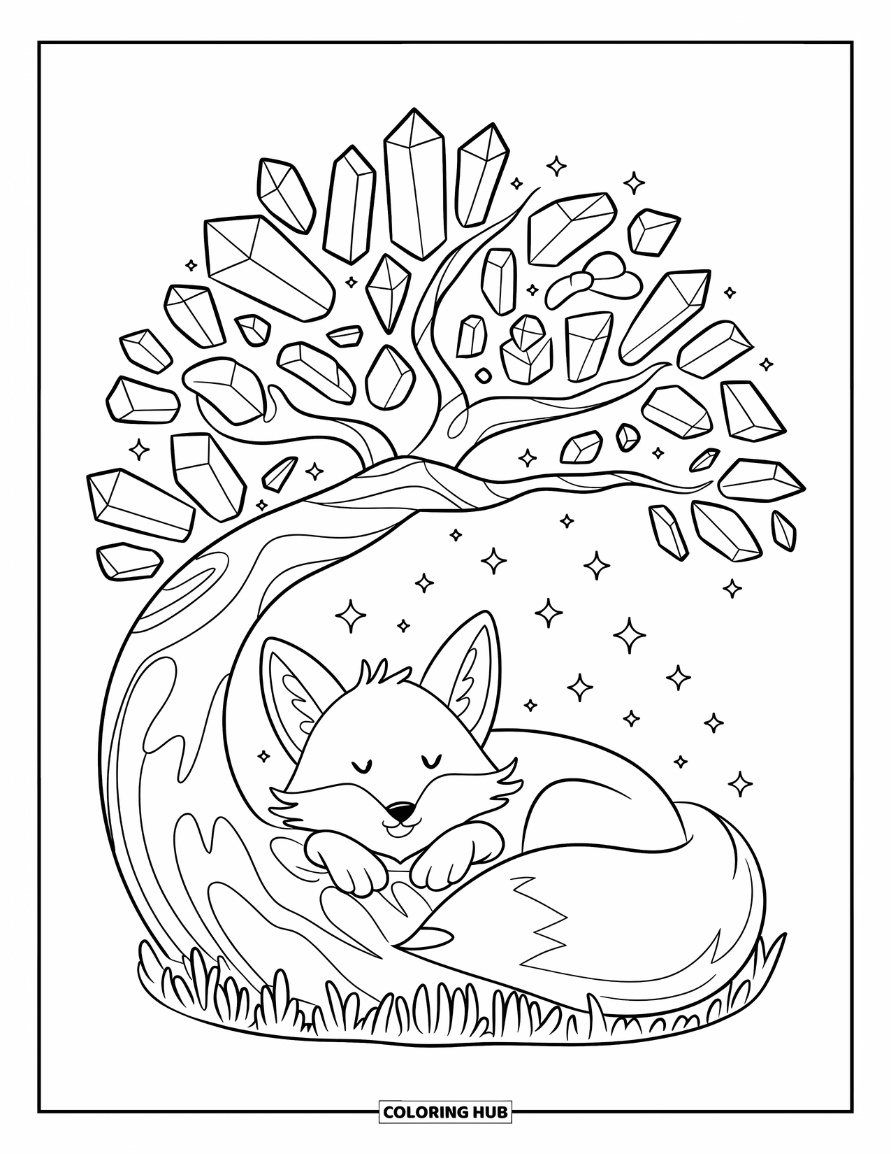 Desenho de Cristal para Colorir para Adultos: Uma raposa kawaii descansando sob uma árvore de cristal, com folhas brilhantes e uma brisa suave