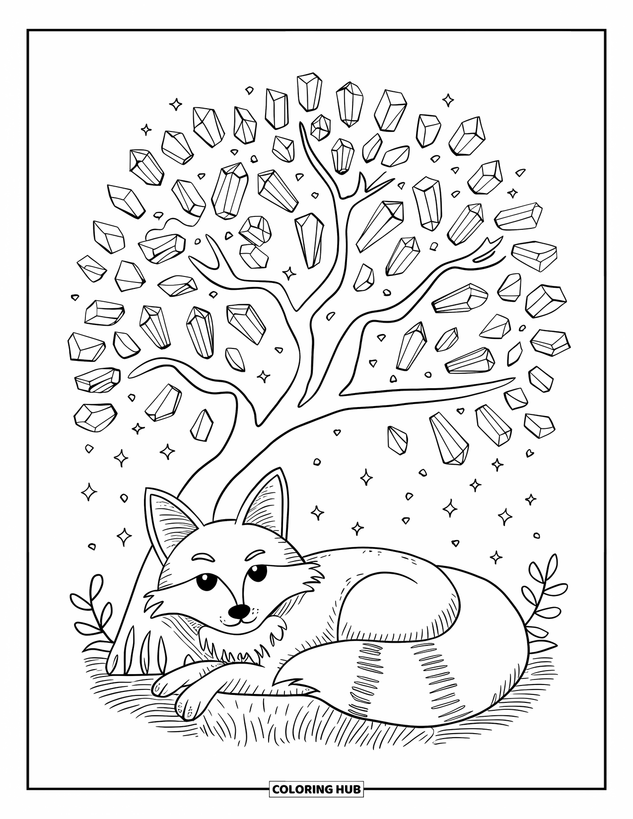 Desenho de Cristal para Colorir para Adultos: Uma raposa kawaii descansando sob uma árvore de cristal, com folhas brilhantes e elementos suaves e simplificados