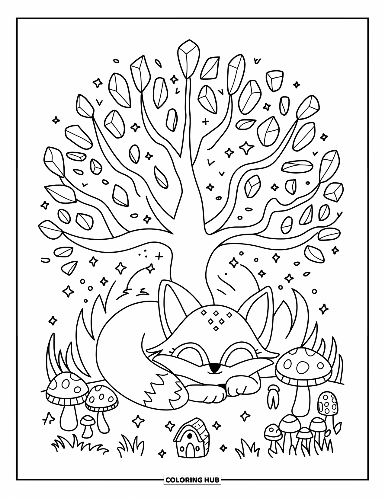 Desenho de Cristal para Colorir para Adultos: Uma raposa kawaii sob uma árvore de cristal, cercada por cogumelos, uma pequena casa e brilhos