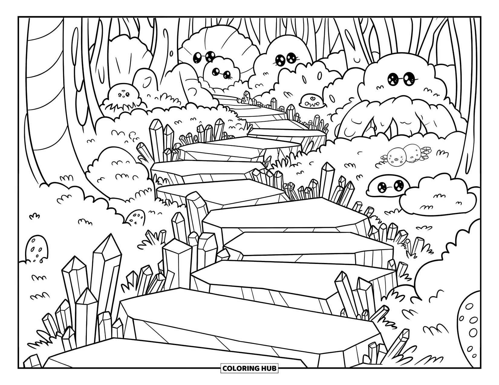 Desenho de Cristal para Colorir para Adultos: Uma floresta estilo kawaii com um caminho de cristal sinuoso, cheio de animais e plantas fofos