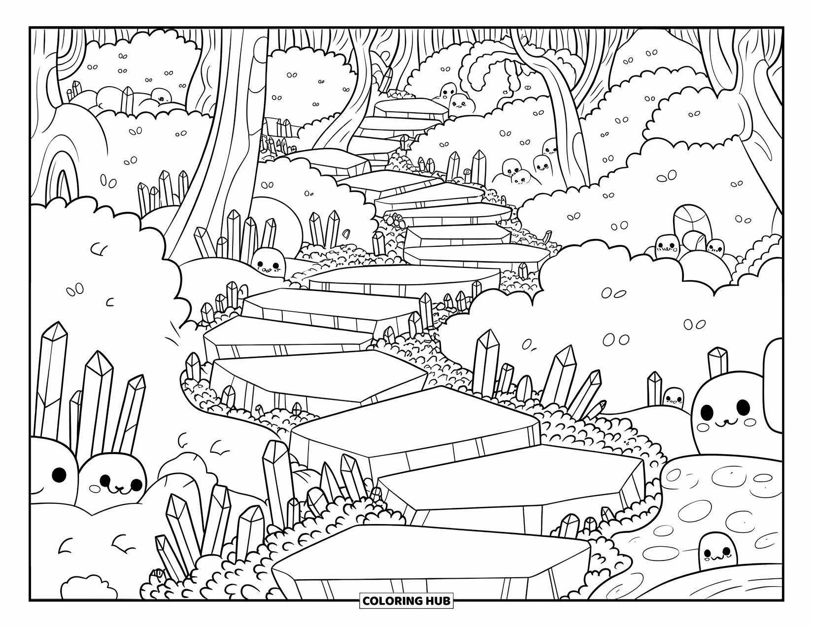 Desenho de Cristal para Colorir para Adultos: Uma floresta estilo kawaii com um caminho de cristal sinuoso alinhado com pequenos brotos de cristal