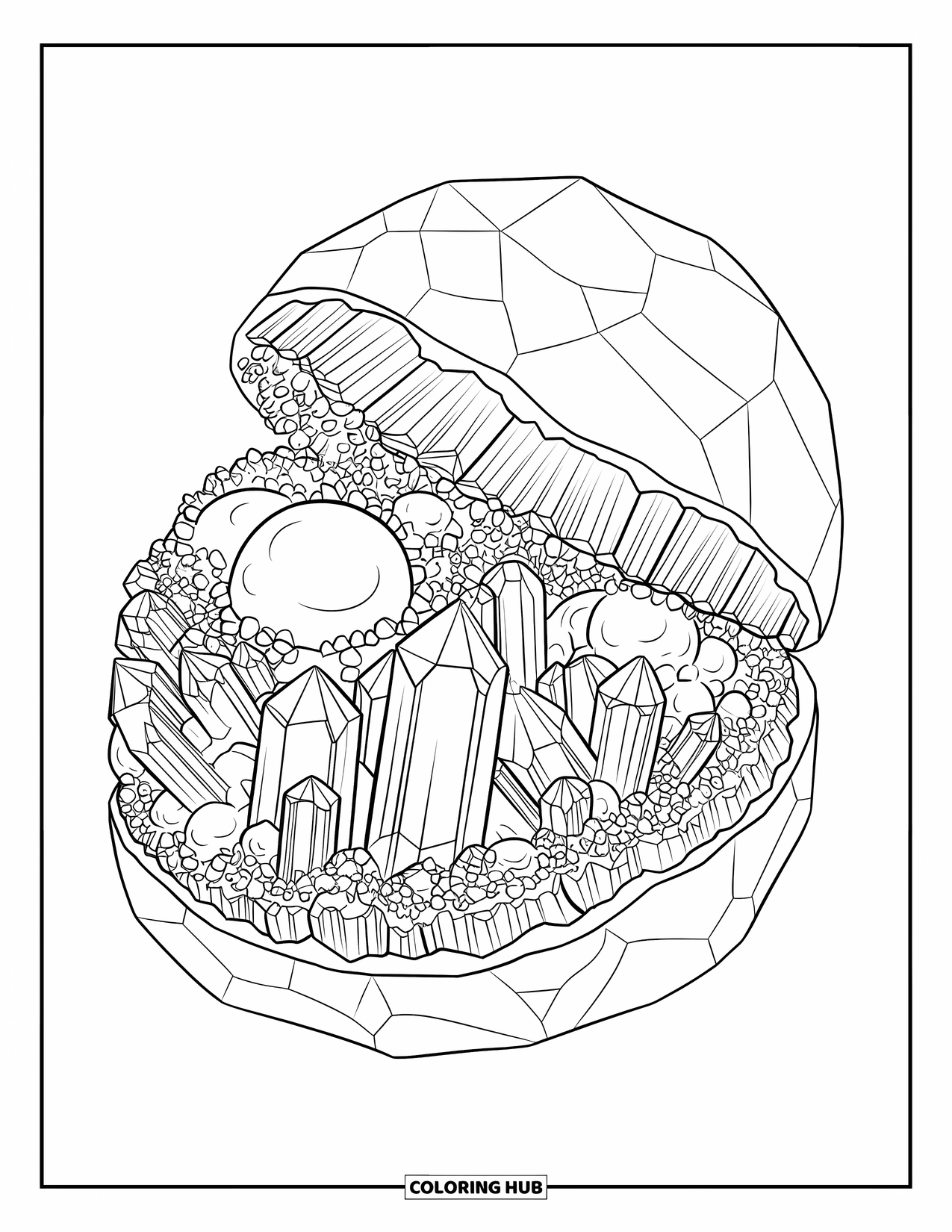 Desenho de cristal para colorir para adultos: Uma grande geode cortada ao meio, com formações detalhadas de cristais de várias formas