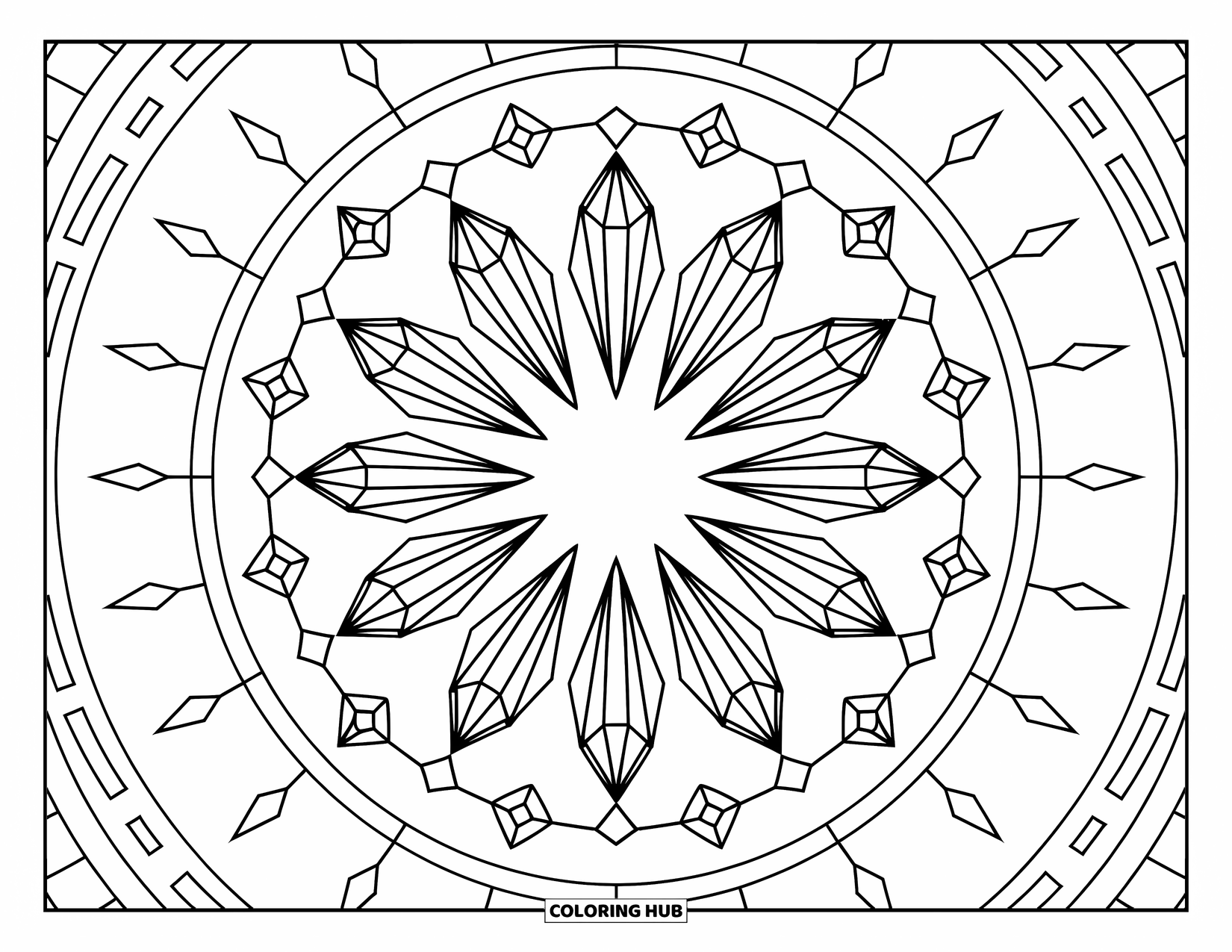 Desenho de cristal para colorir para adultos: Uma mandala de cristais com padrões geométricos, com cristais menores ao redor da borda