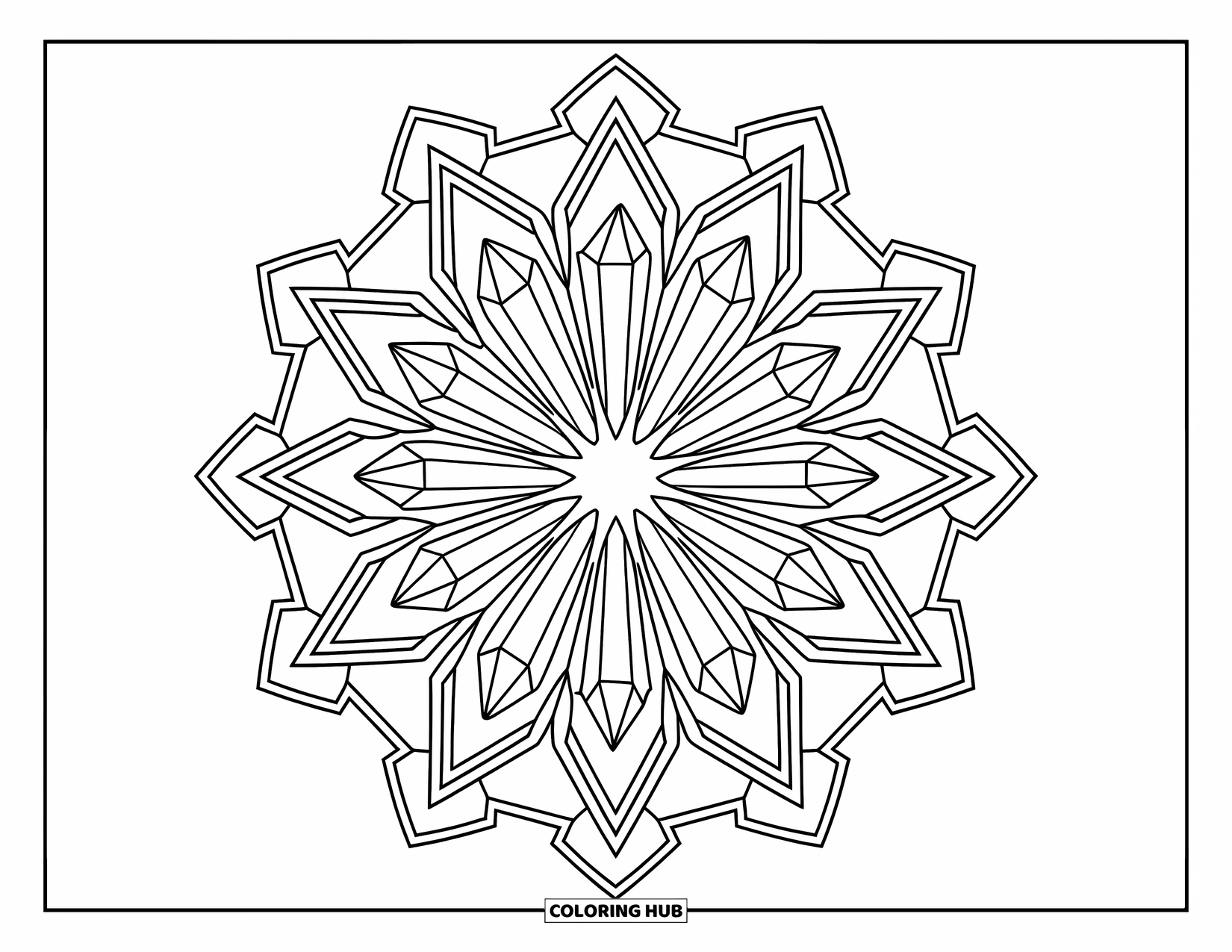 Desenho de cristal para colorir para adultos: Uma disposição de cristais em estilo mandala irradiando do centro, cercada por formas geométricas
