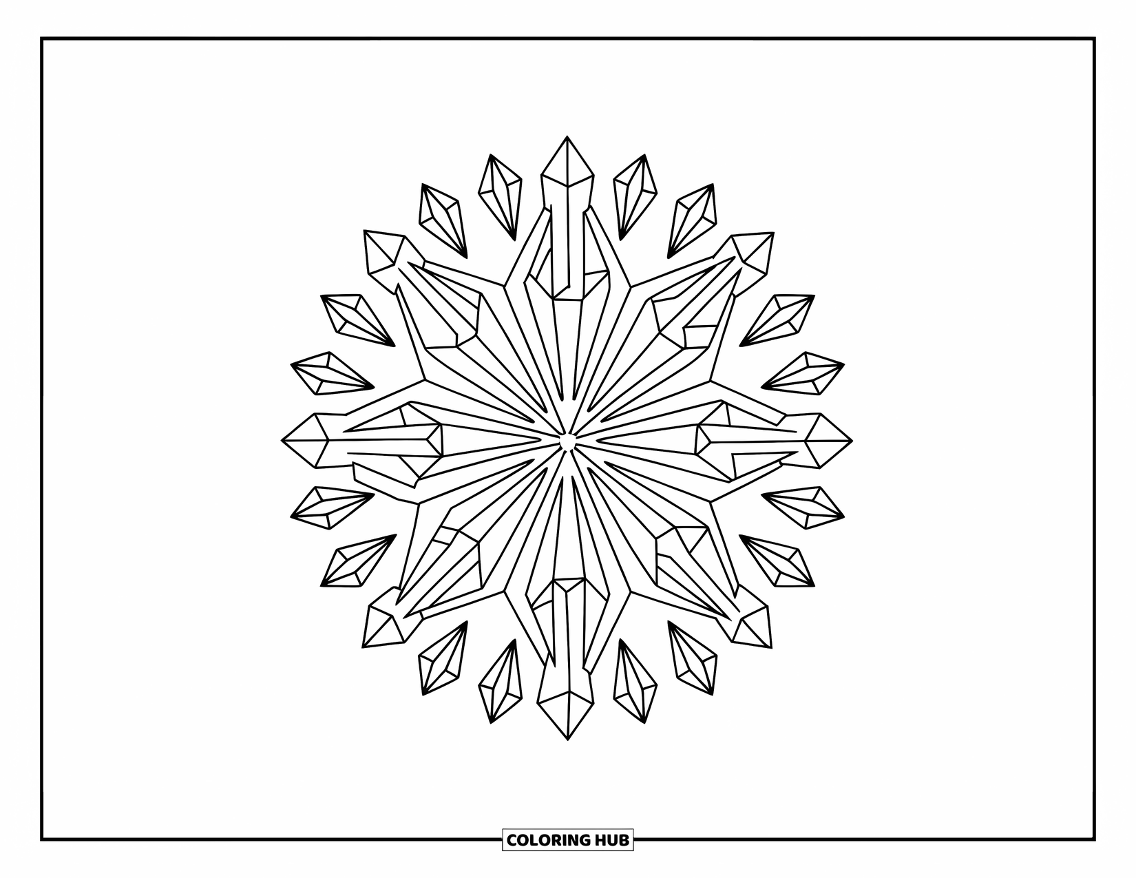 Desenho de cristal para colorir para adultos: Uma disposição de cristais em estilo mandala com formas geométricas e um fundo simples