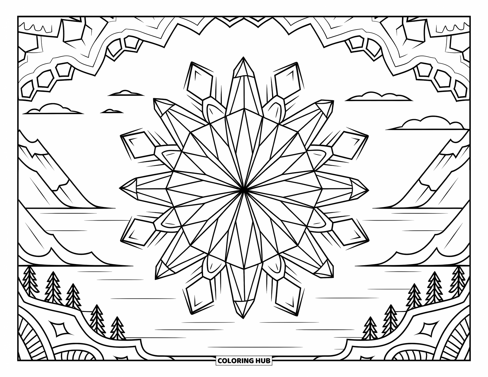 Desenho de cristal para colorir para adultos: Uma disposição de cristal em estilo mandala com padrões geométricos, ambientada em uma paisagem serena