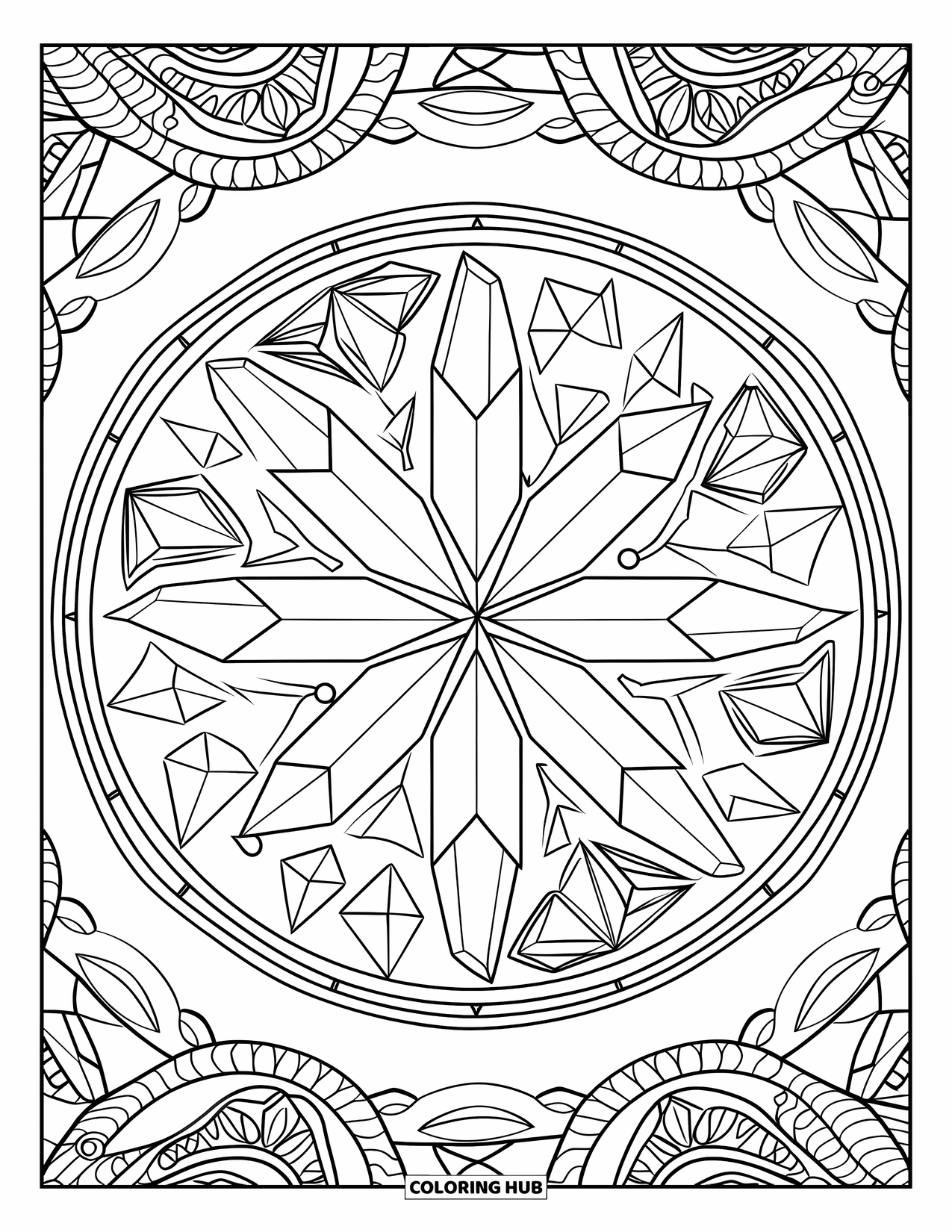 Desenho de cristal para colorir para adultos: Uma mandala com uma disposição circular de cristais, preenchida com pontos e linhas decorativas