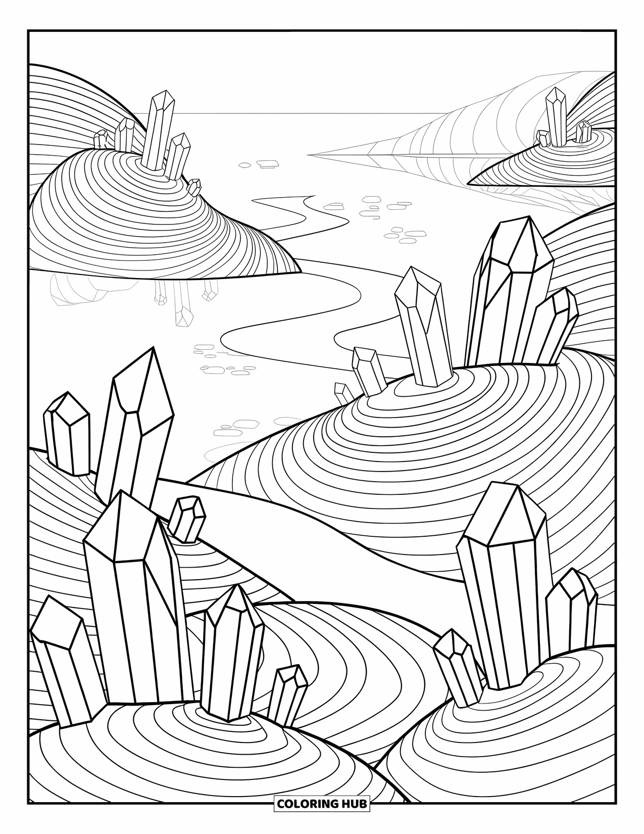 Desenho de cristal para colorir para adultos: Uma paisagem tranquila com cristais brotando de colinas, um caminho e um lago sereno