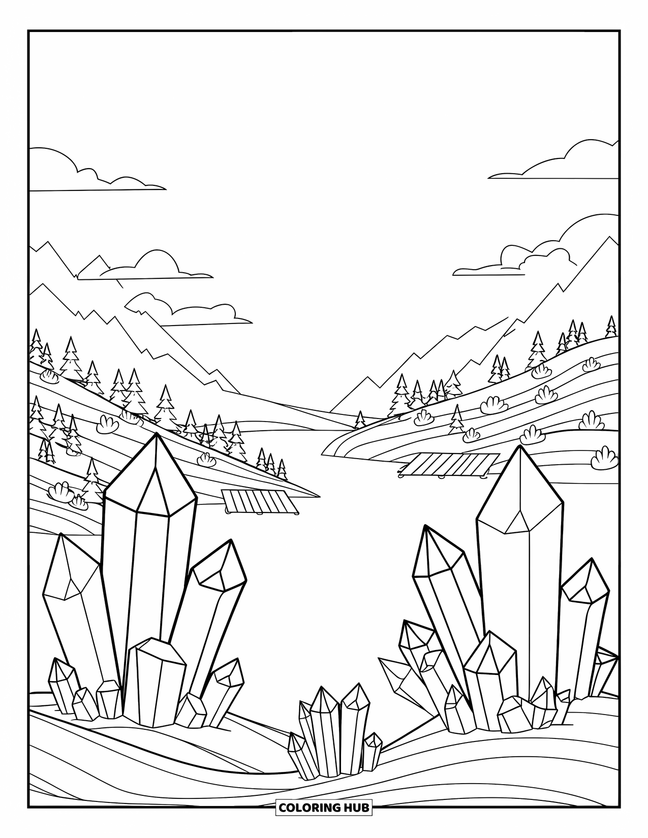Desenho de cristal para colorir para adultos: Uma paisagem tranquila com cristais brotando de colinas, árvores e um lago sereno