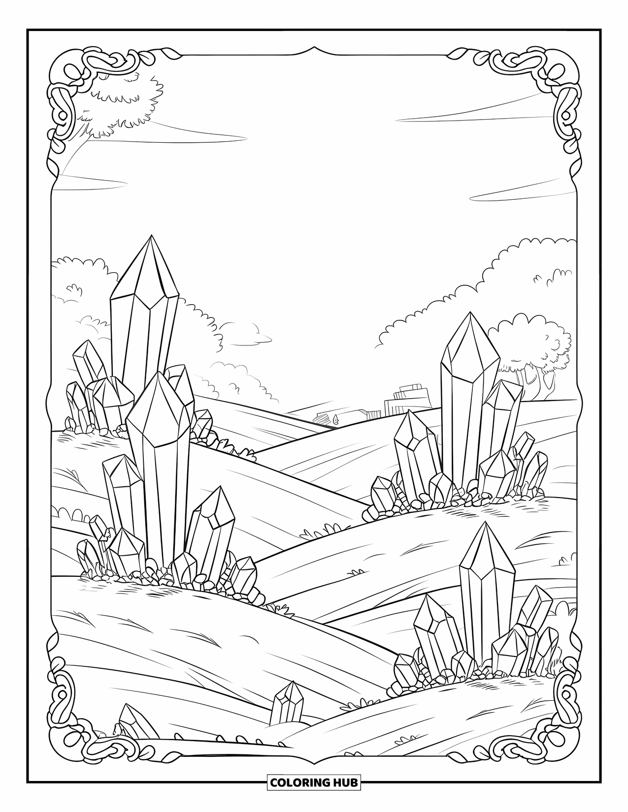 Desenho de cristal para colorir para adultos: Uma paisagem tranquila com cristais brotando de colinas e um edifício distante
