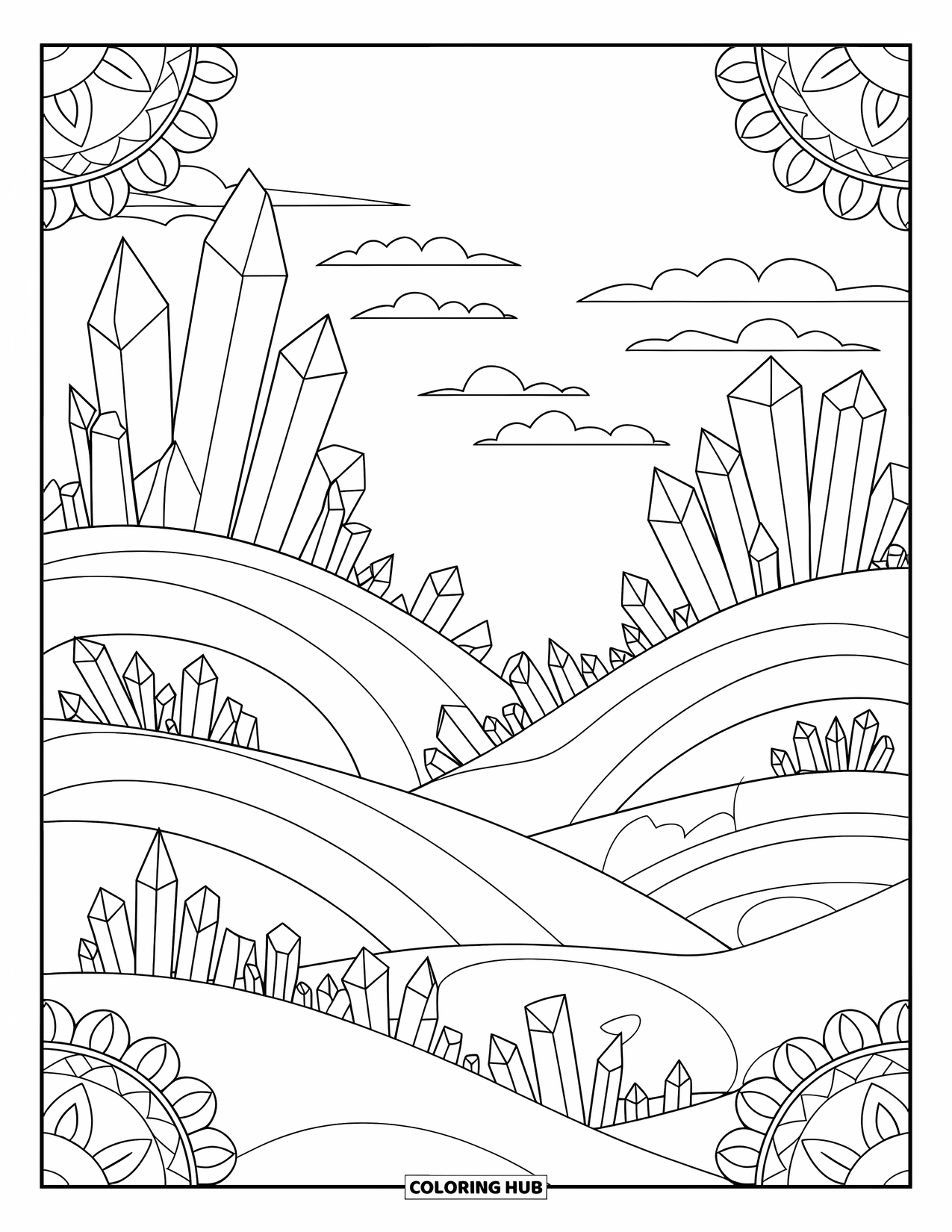 Desenho de cristal para colorir para adultos: Uma paisagem tranquila com cristais brotando de colinas e padrões intrincados