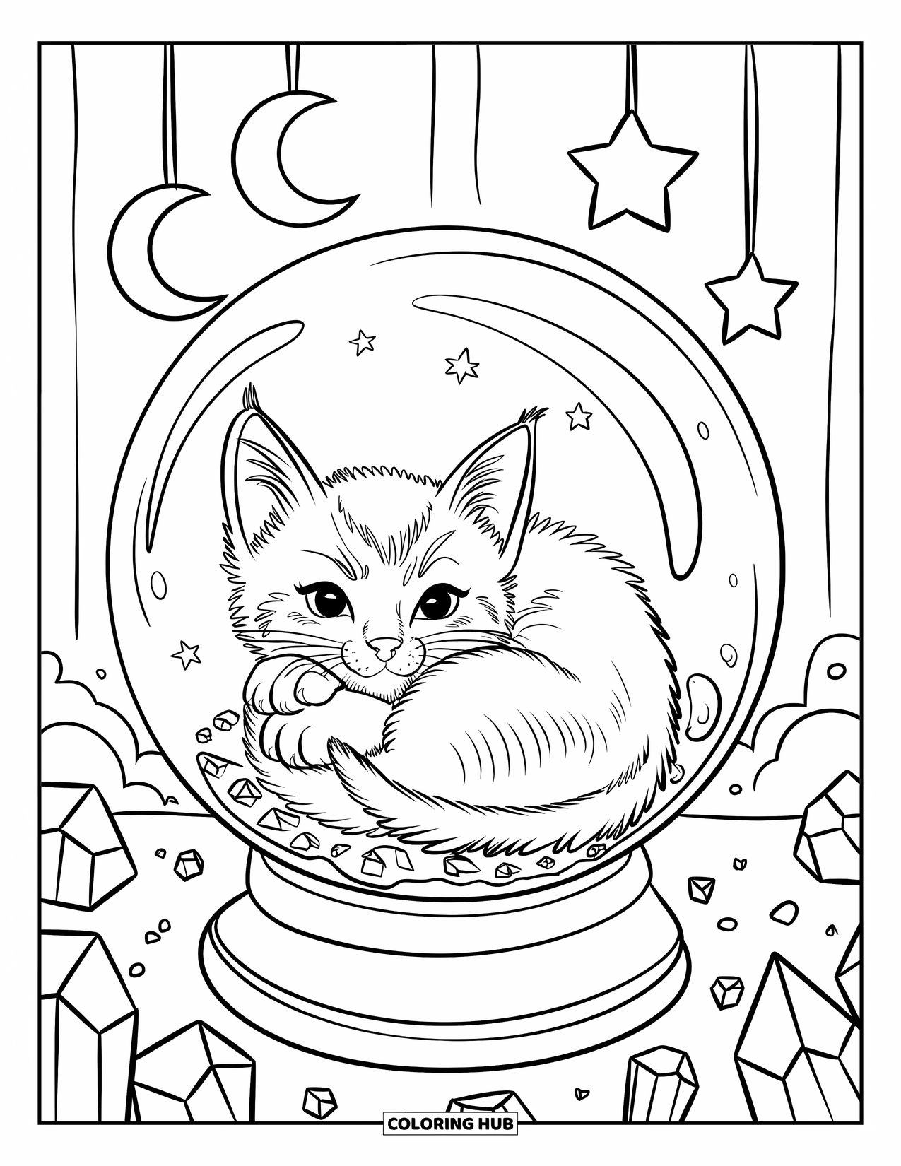 Desenho de Cristal para Colorir para Adultos: Um gatinho brincalhão dentro de uma bola de cristal, decorado com lua e estrelas, e pequenos cristais