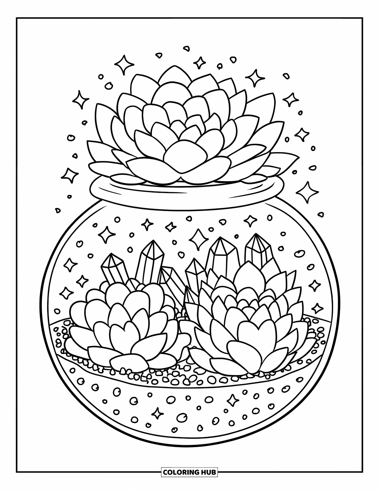 Desenho de Cristal para Colorir para Adultos: Um terrário redondo cheio de suculentas fofas e pequenos cristais, com folhas em forma de coração e pequenas estrelas